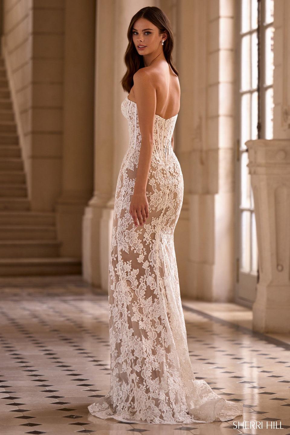 Sherri Hill Strapless Fitted Lace Gown With Corset Bodice