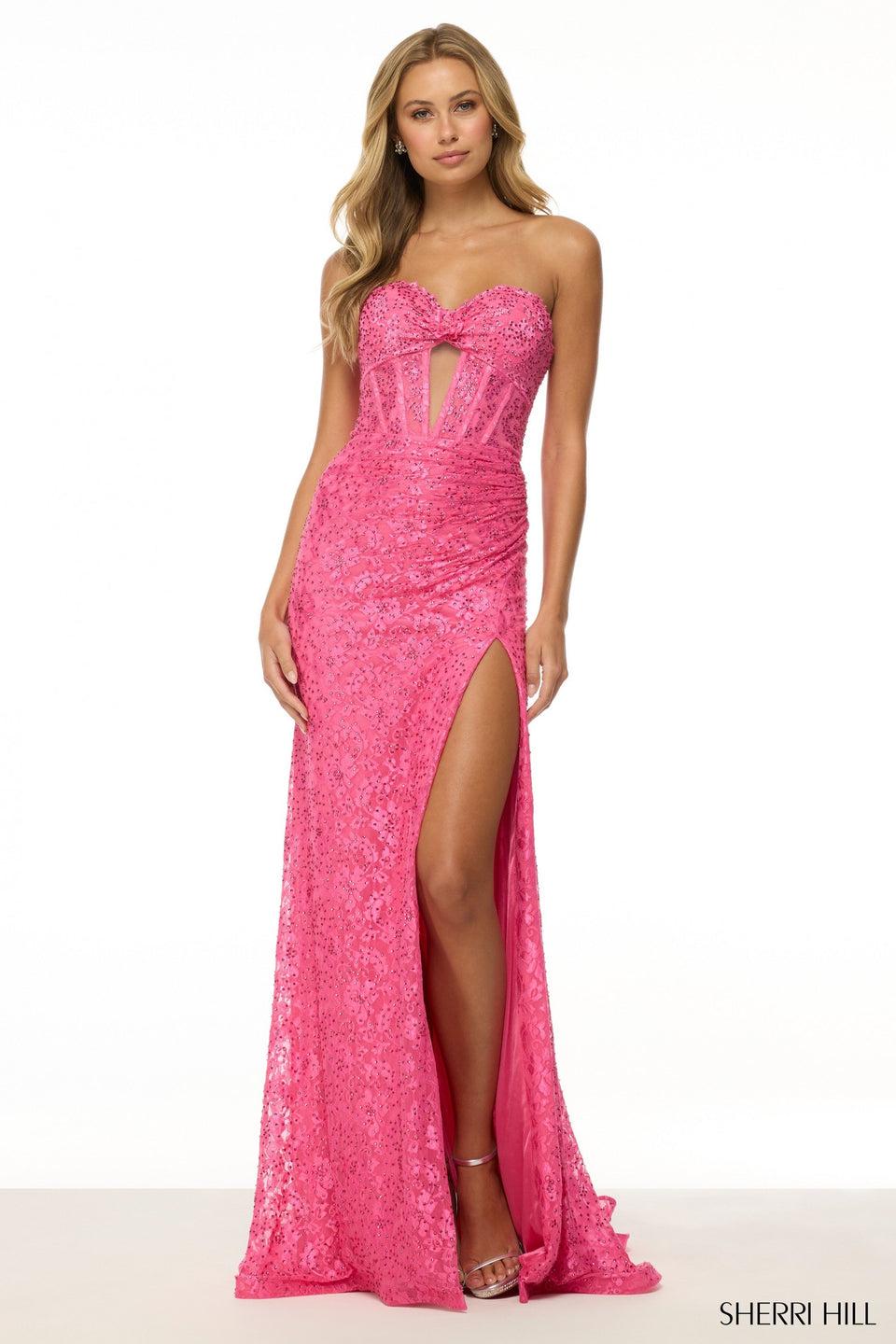 Sherri Hill Strapless Fitted Lace Gown With Corset Bodice Skirt Slit Rosette Embellishment And A Keyhole