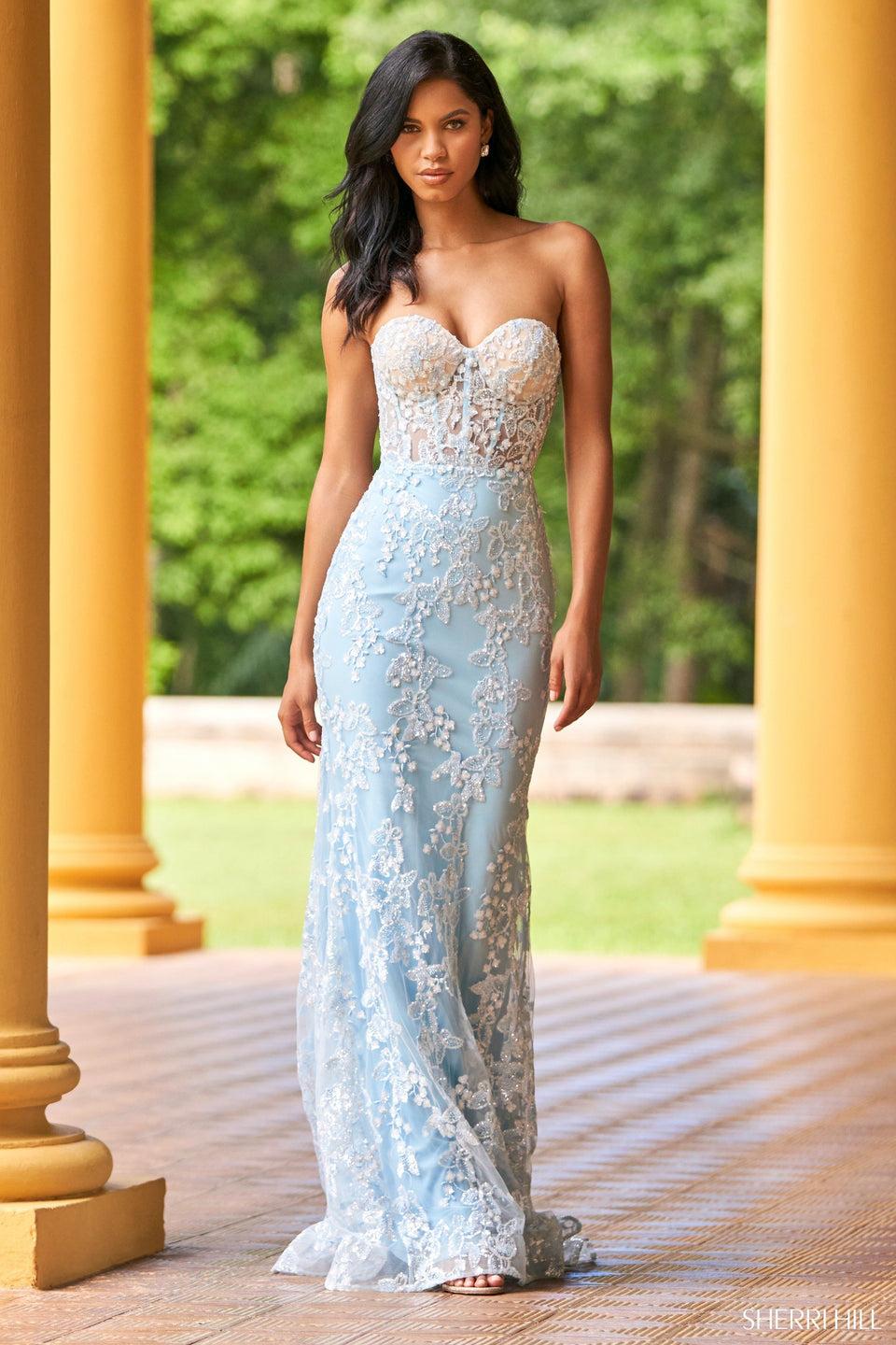 sherri hill Strapless fitted leaf lace embroidered gown with corset top and sweetheart neckline