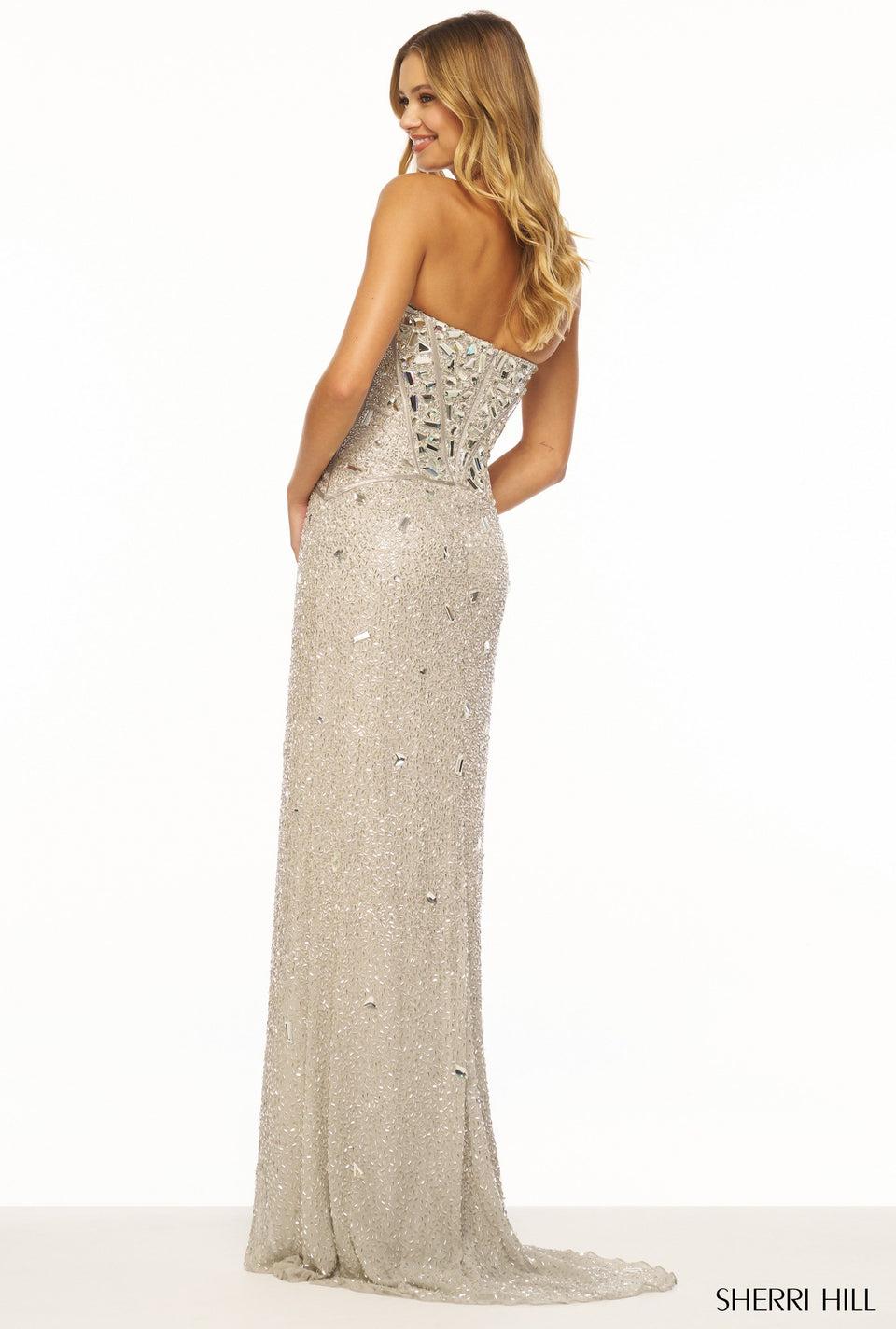 Sherri Hill Strapless Fitted Liquid Beaded Gown With Corset Bodice And Cut Glass Embellishments
