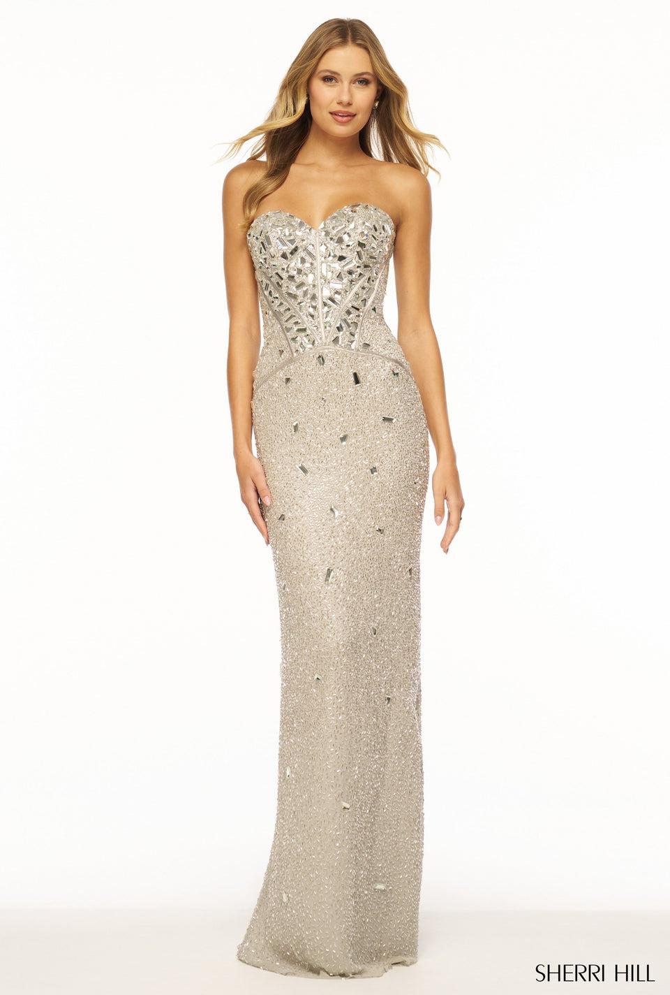 sherri hill Strapless fitted liquid beaded gown with corset bodice and cut glass embellishments