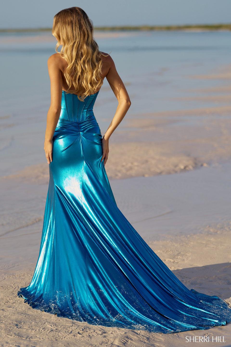 Sherri Hill Strapless Fitted Metallic Gown With High Skirt Slit And A Corset Bodice