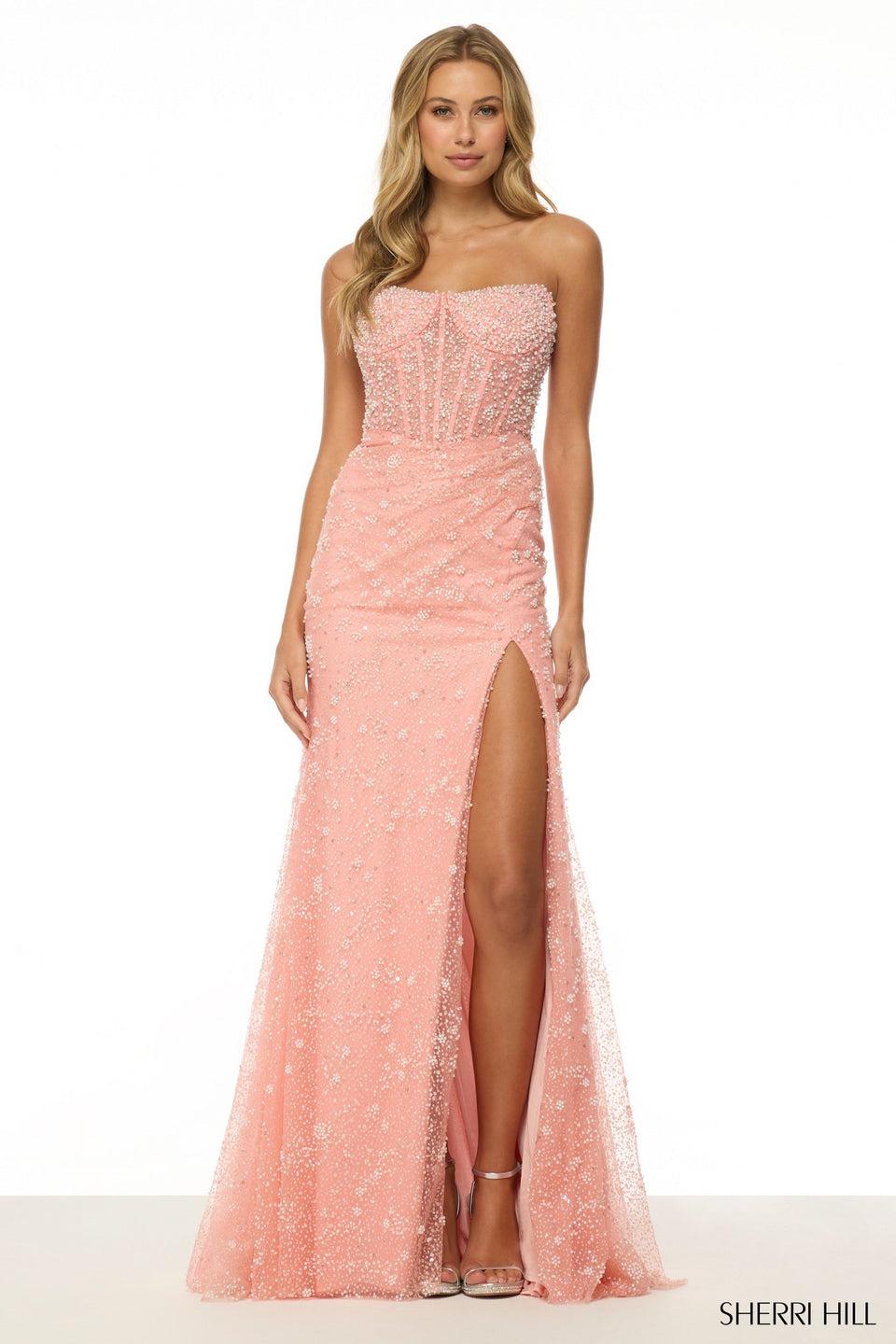 Sherri Hill Strapless Fitted Pearl Gown With Skirt Slit