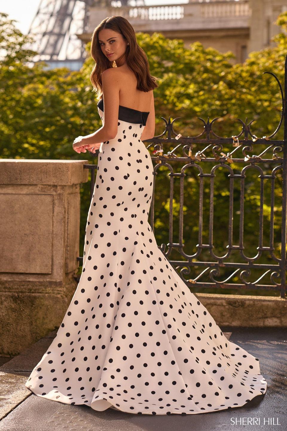 Sherri Hill Strapless Fitted Polka Dot Gown With Slit