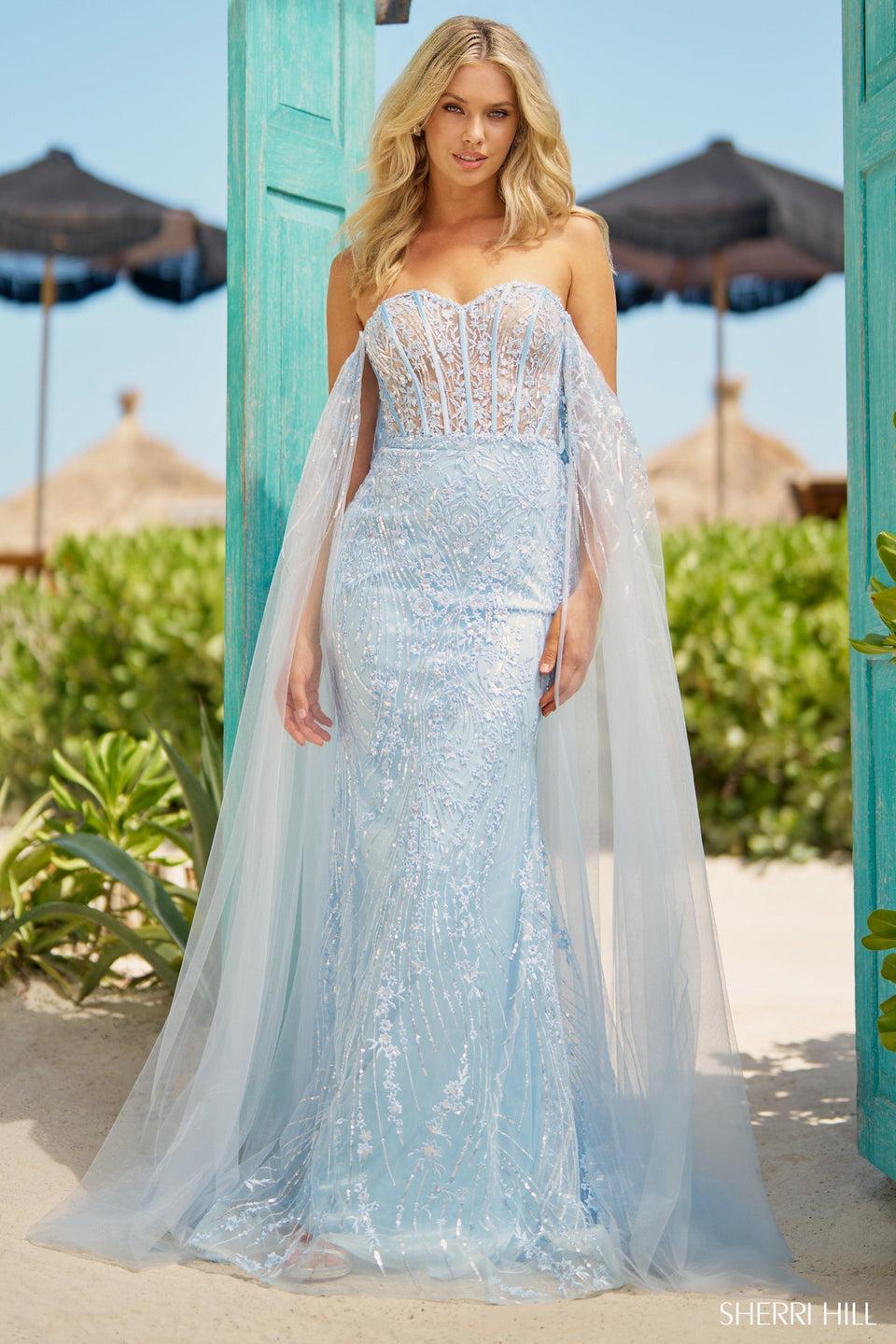 Sherri Hill Strapless Fitted Sequin Lace Gown With Corset Bodice And Off The Shoulder Detachable Cape
