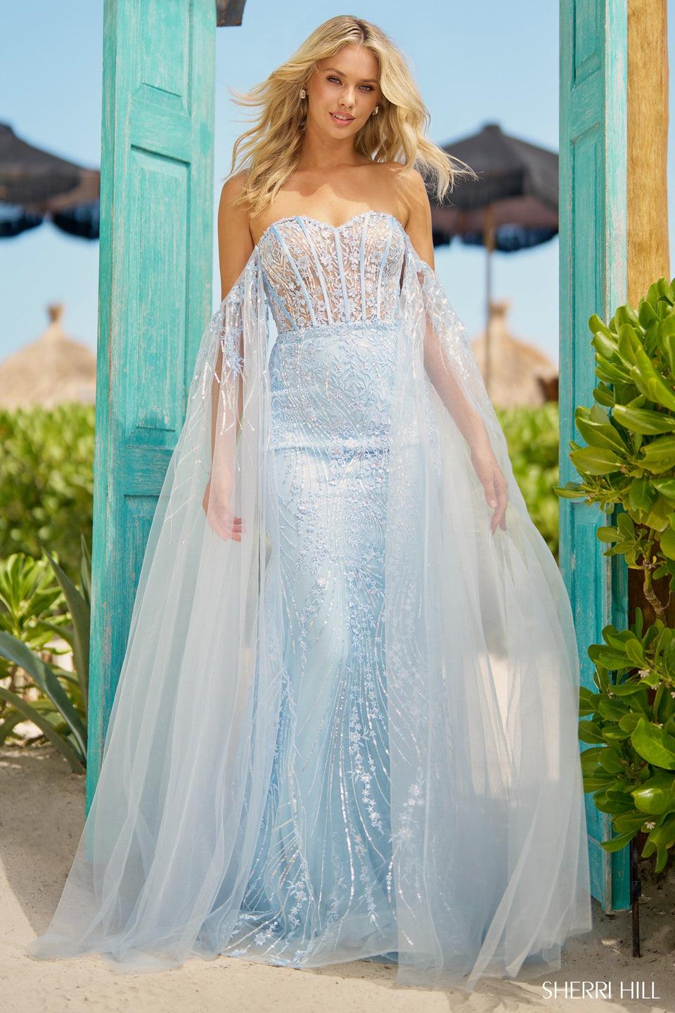 sherri hill Strapless fitted sequin lace gown with corset bodice and off the shoulder detachable cape
