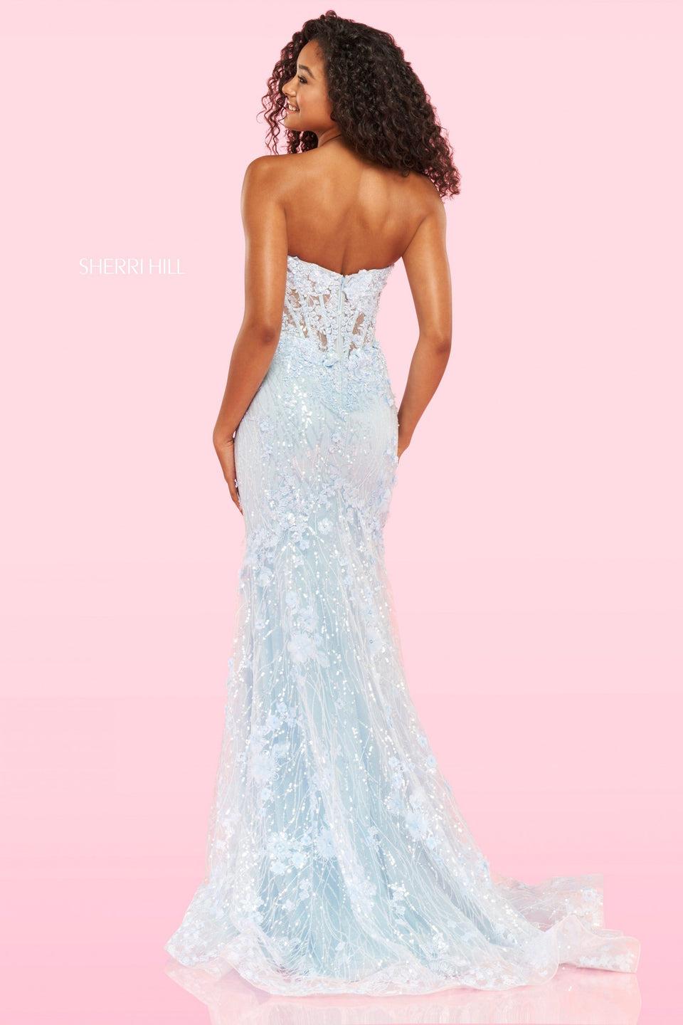 Sherri Hill Strapless Fitted Sheer Corset Lace Mermaid Gown With Sequins And 3D Flower Details