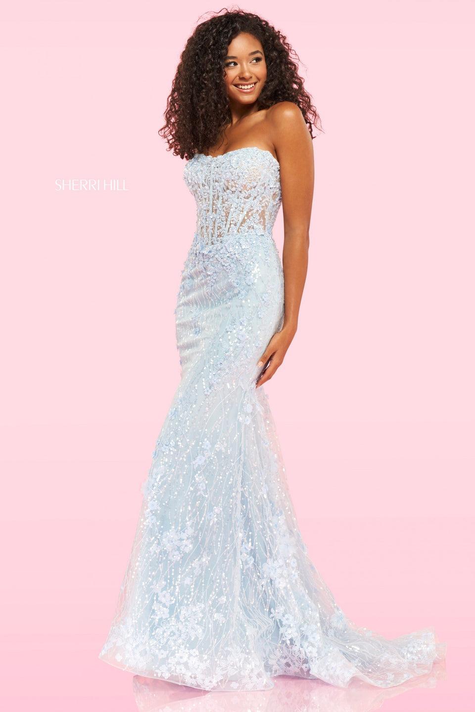 Sherri Hill Strapless Fitted Sheer Corset Lace Mermaid Gown With Sequins And 3D Flower Details