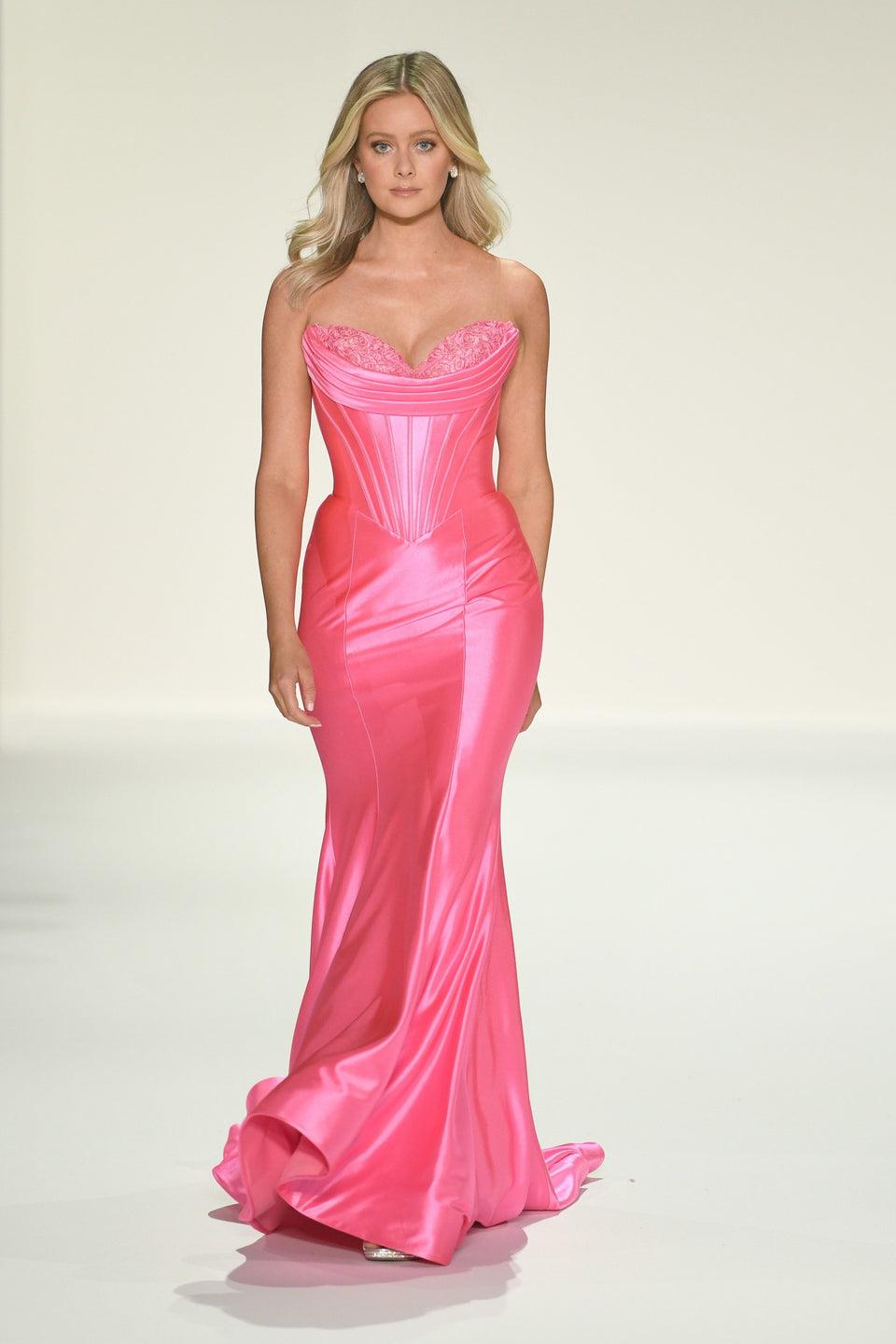 Sherri Hill Strapless Fitted Stretch Satin Gown With Corset Bodice