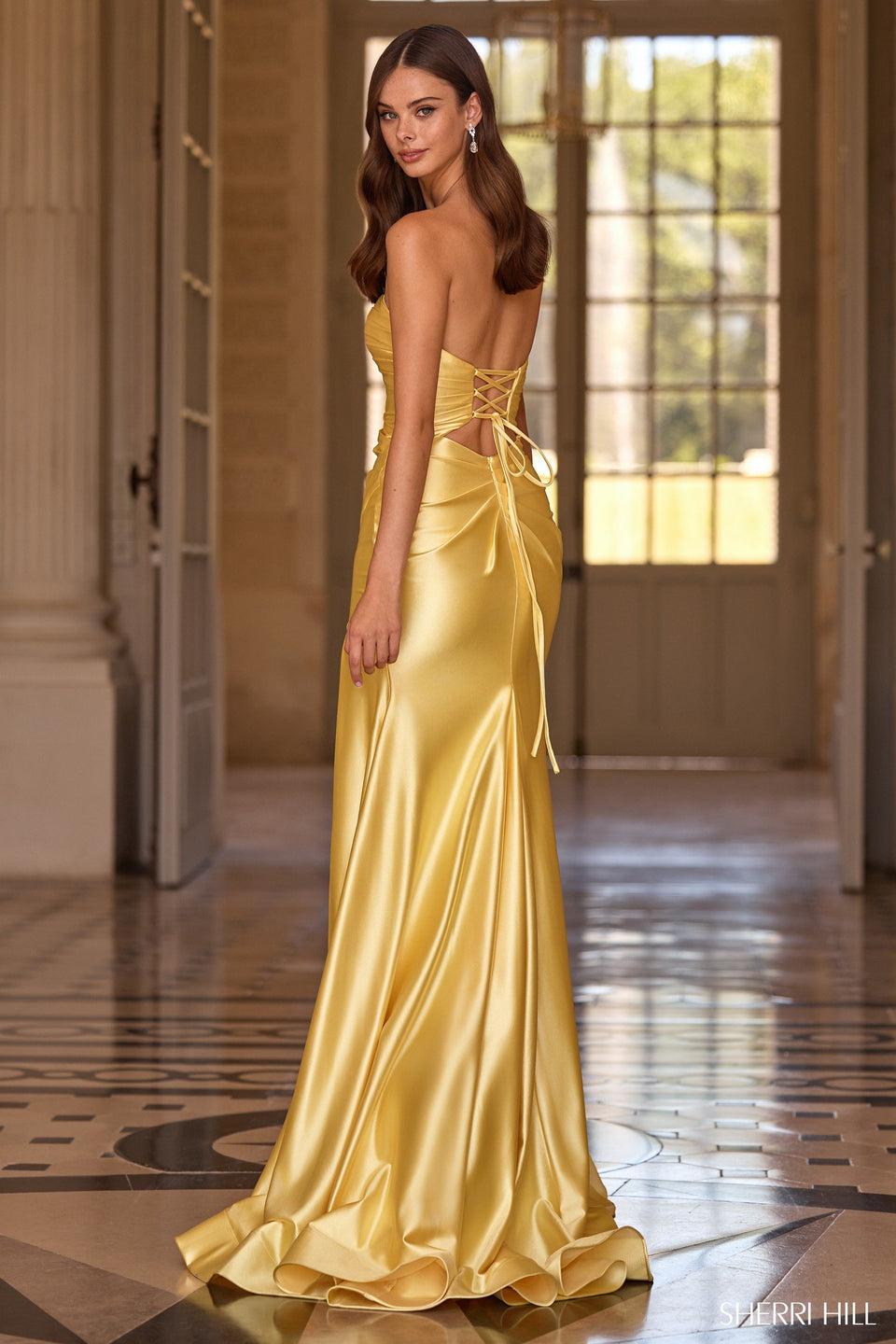 Sherri Hill Strapless Fitted Stretch Satin Gown With Skirt Slit
