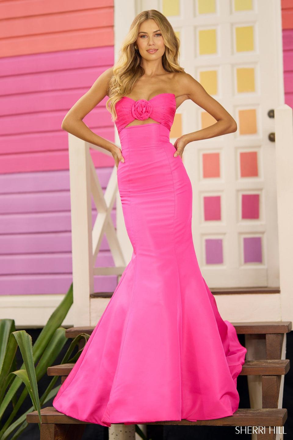 Sherri Hill Strapless Fitted Taffeta Mermaid Gown With Ruched Neckline And Key Hole Bodice