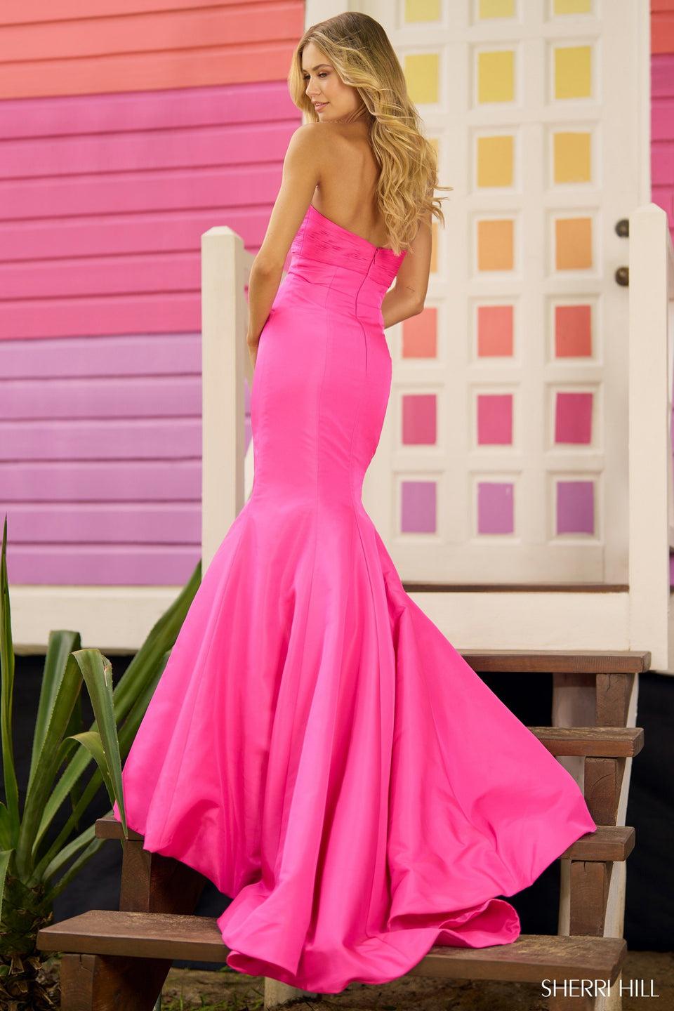 Sherri Hill Strapless Fitted Taffeta Mermaid Gown With Ruched Neckline And Key Hole Bodice