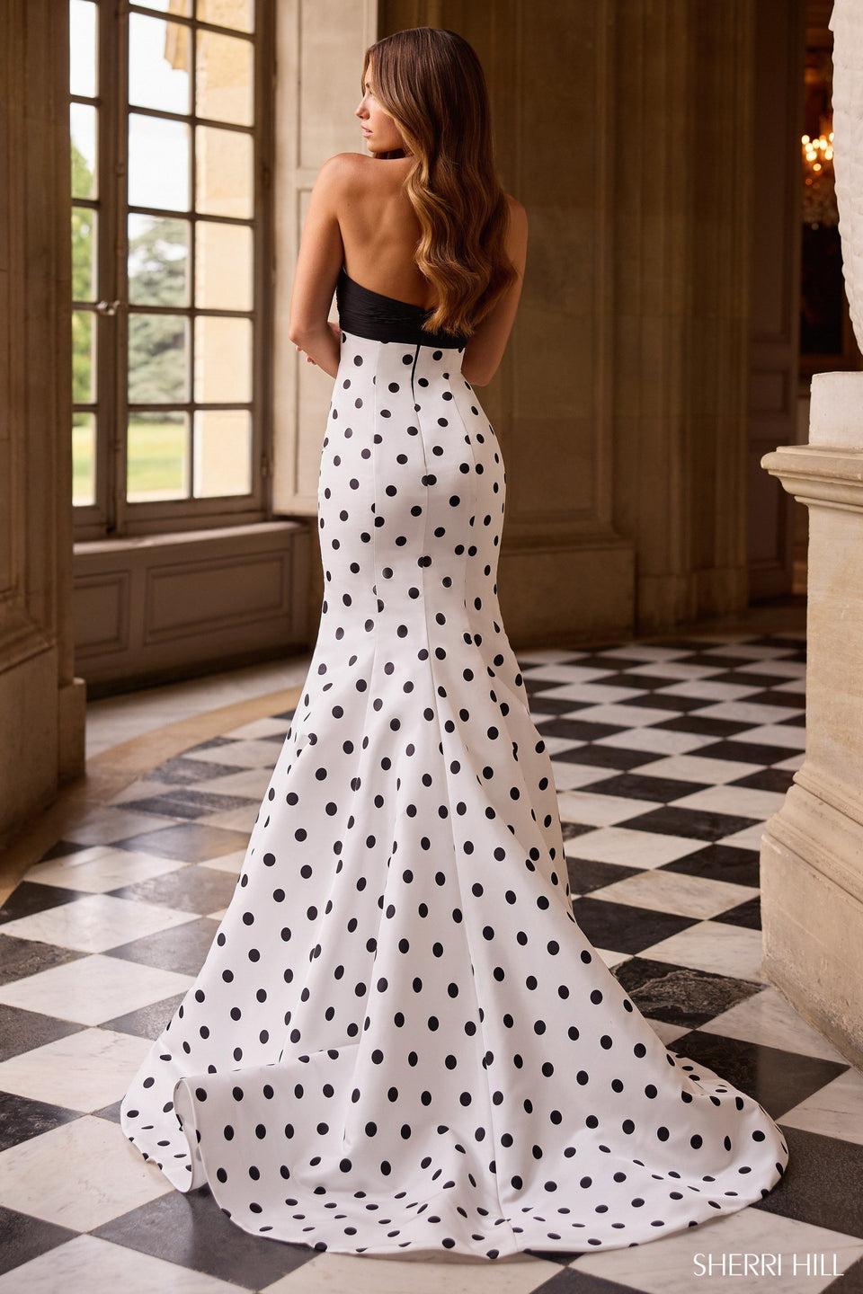 Sherri Hill Strapless Fitted Taffeta Mermaid Polkadot Gown With Key Hole Bodice