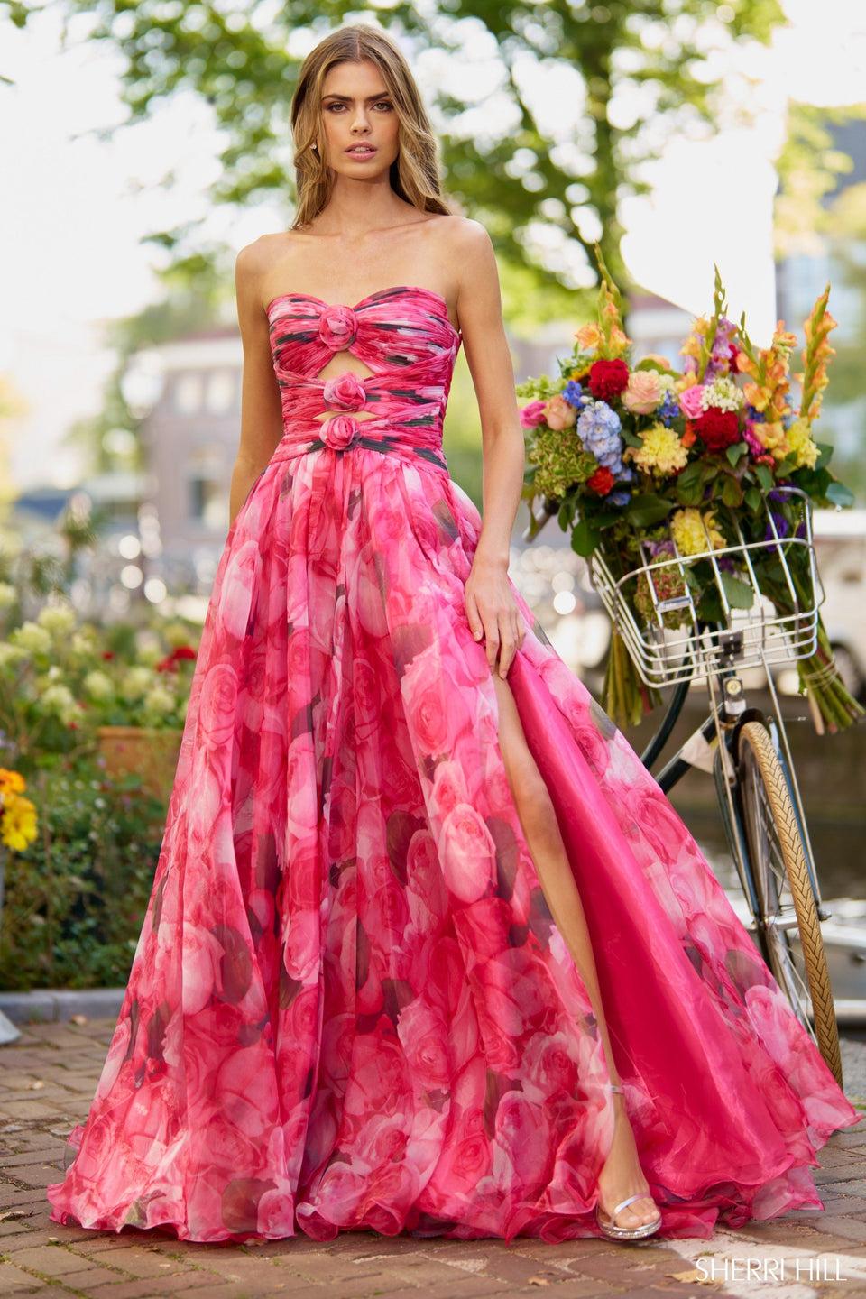 Sherri Hill Strapless Floral A-Line Gown With Key Holes Rosette Embellishments And A Skirt Slit