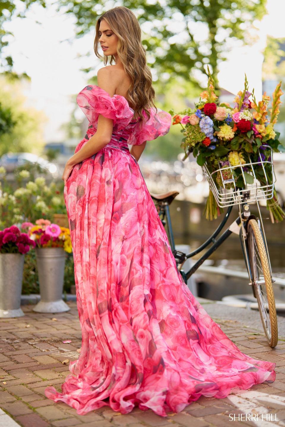 Sherri Hill Strapless Floral A-Line Gown With Key Holes Rosette Embellishments And A Skirt Slit