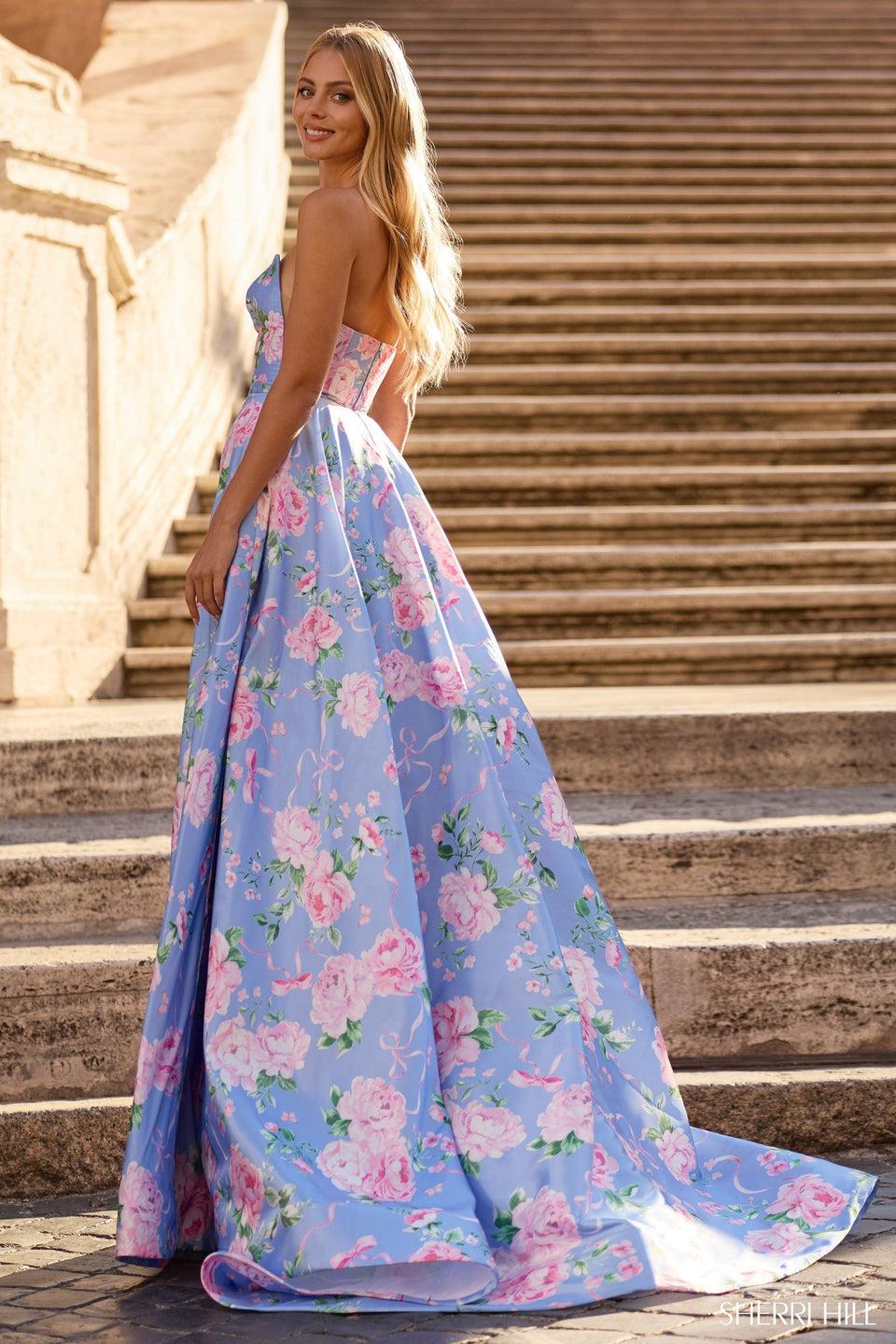 Sherri Hill Strapless Floral A-line Gown With Skirt Slit