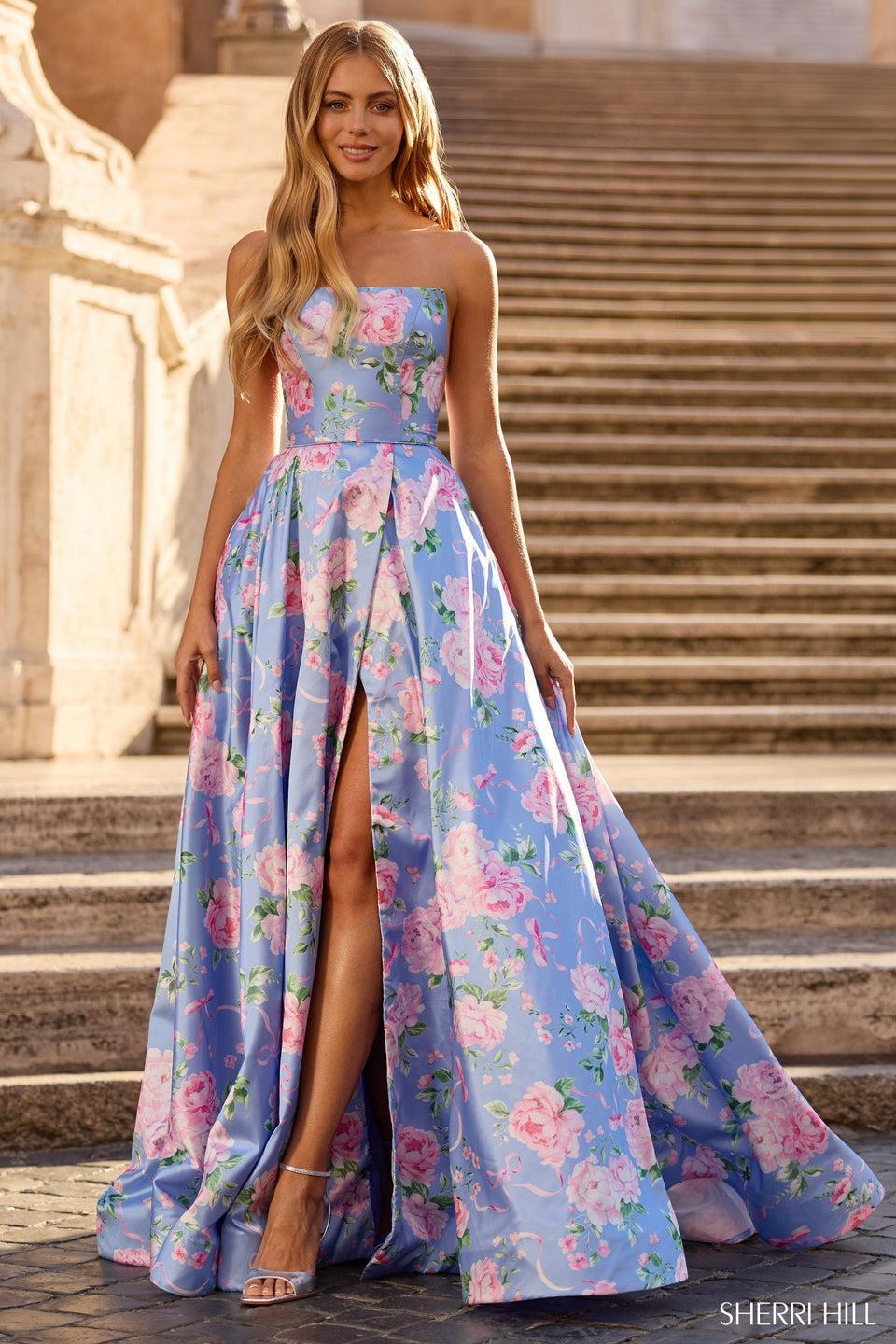 Sherri Hill Strapless Floral A-line Gown With Skirt Slit