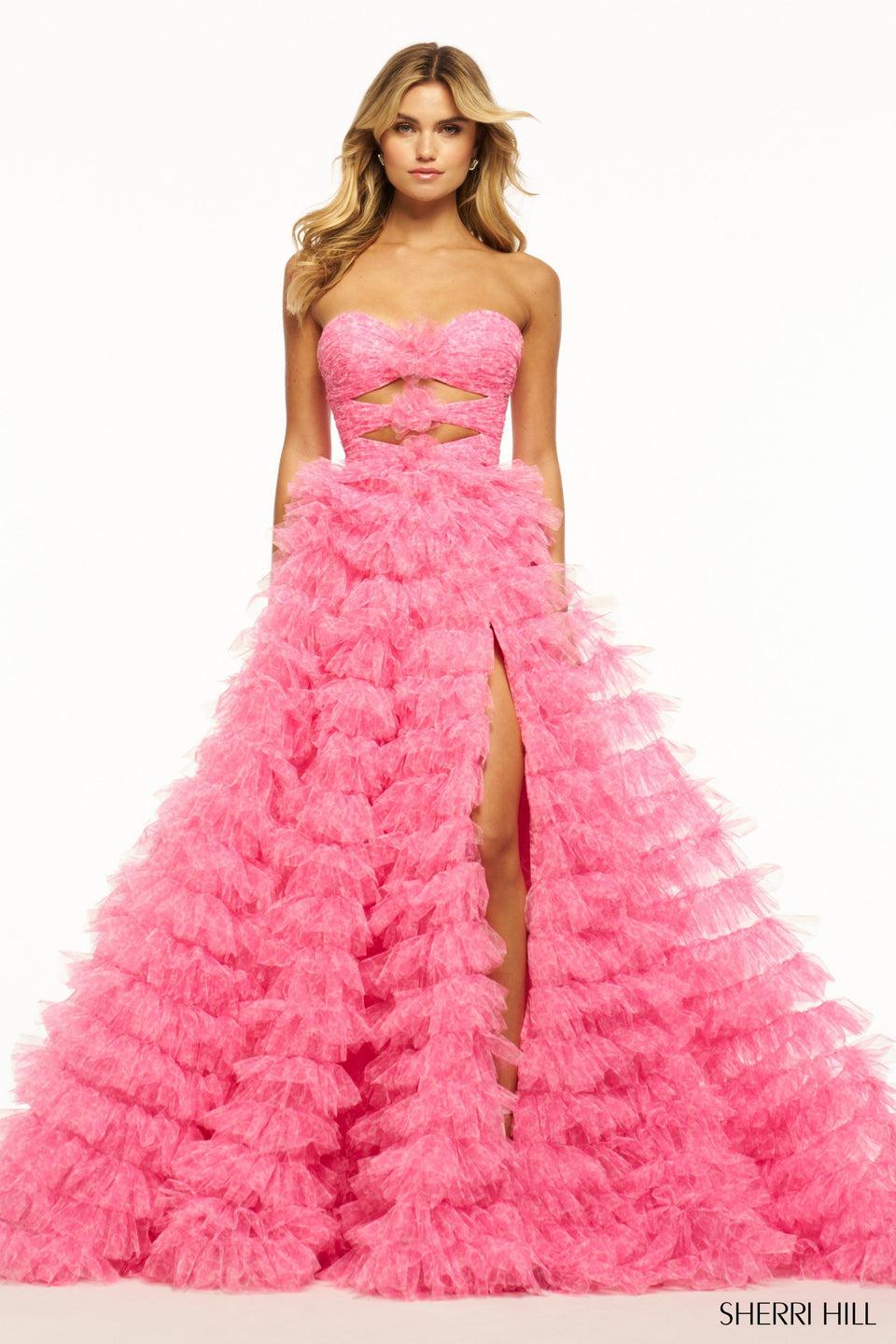 Sherri Hill Strapless Floral Ball Gown With Key Holes Rosette Embellishments And A Tulle Ruffle Skirt Slit