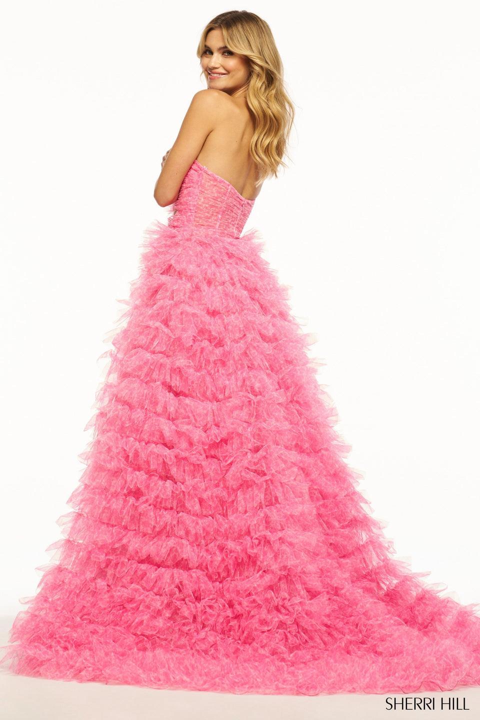 Sherri Hill Strapless Floral Ball Gown With Key Holes Rosette Embellishments And A Tulle Ruffle Skirt Slit