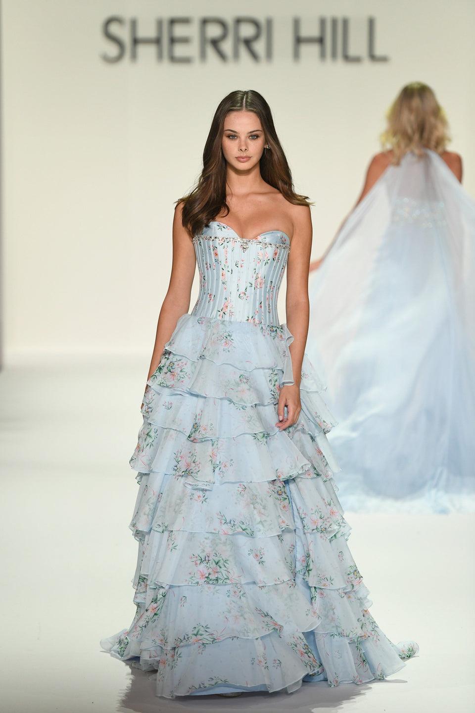 sherri hill Strapless floral ballgown with corset bodice and chiffon ruffle skirt