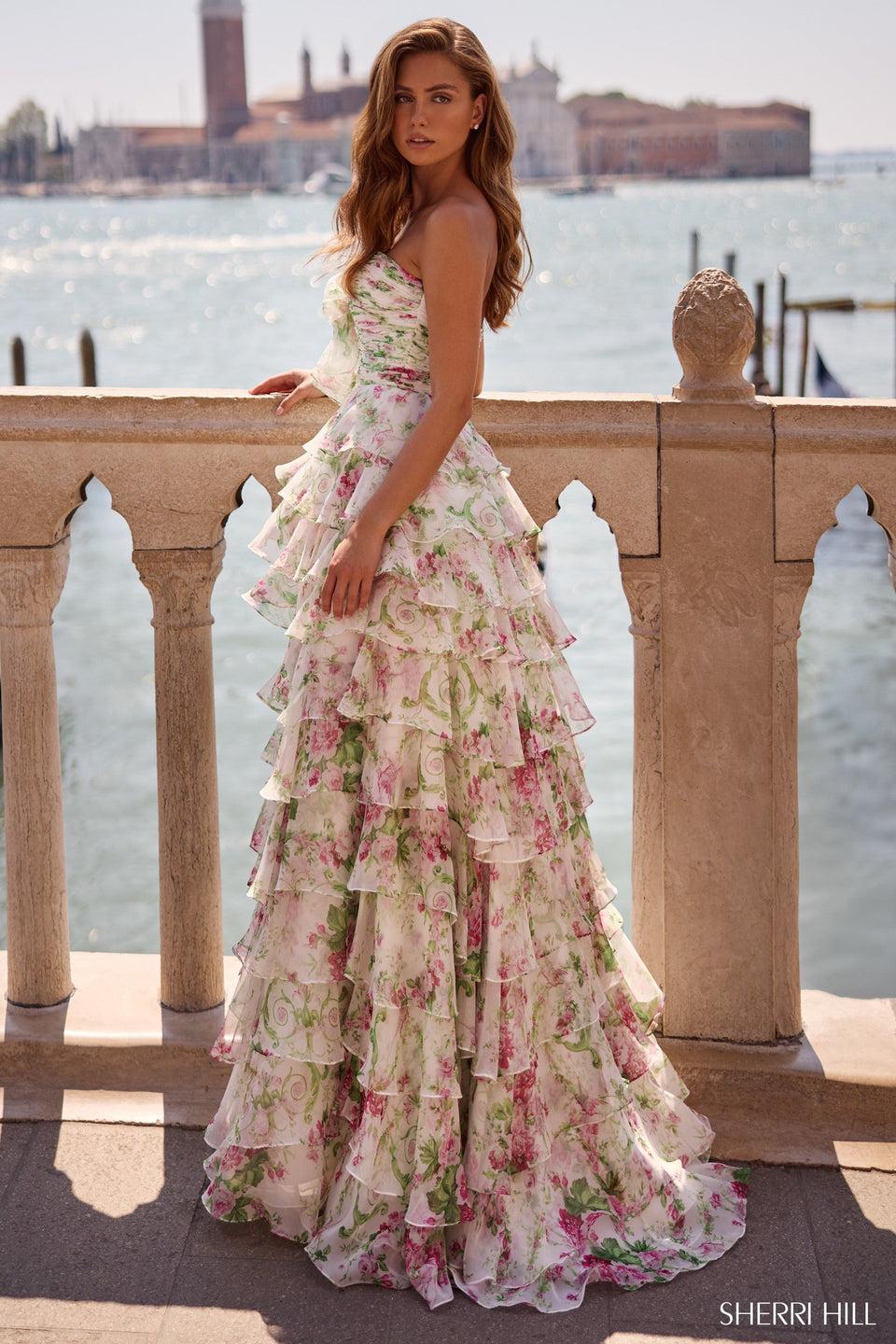 Sherri Hill Strapless Floral Chiffon Gown With Ruffle Skirt And Slit
