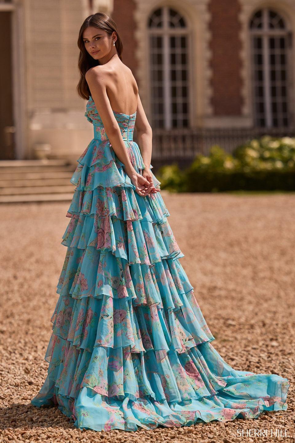 Sherri Hill Strapless Floral Chiffon Gown With Ruffles And Skirt Slit