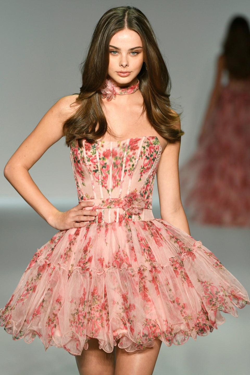 sherri hill Strapless floral cocktail dress with corset bodice bow embellishments and a choker