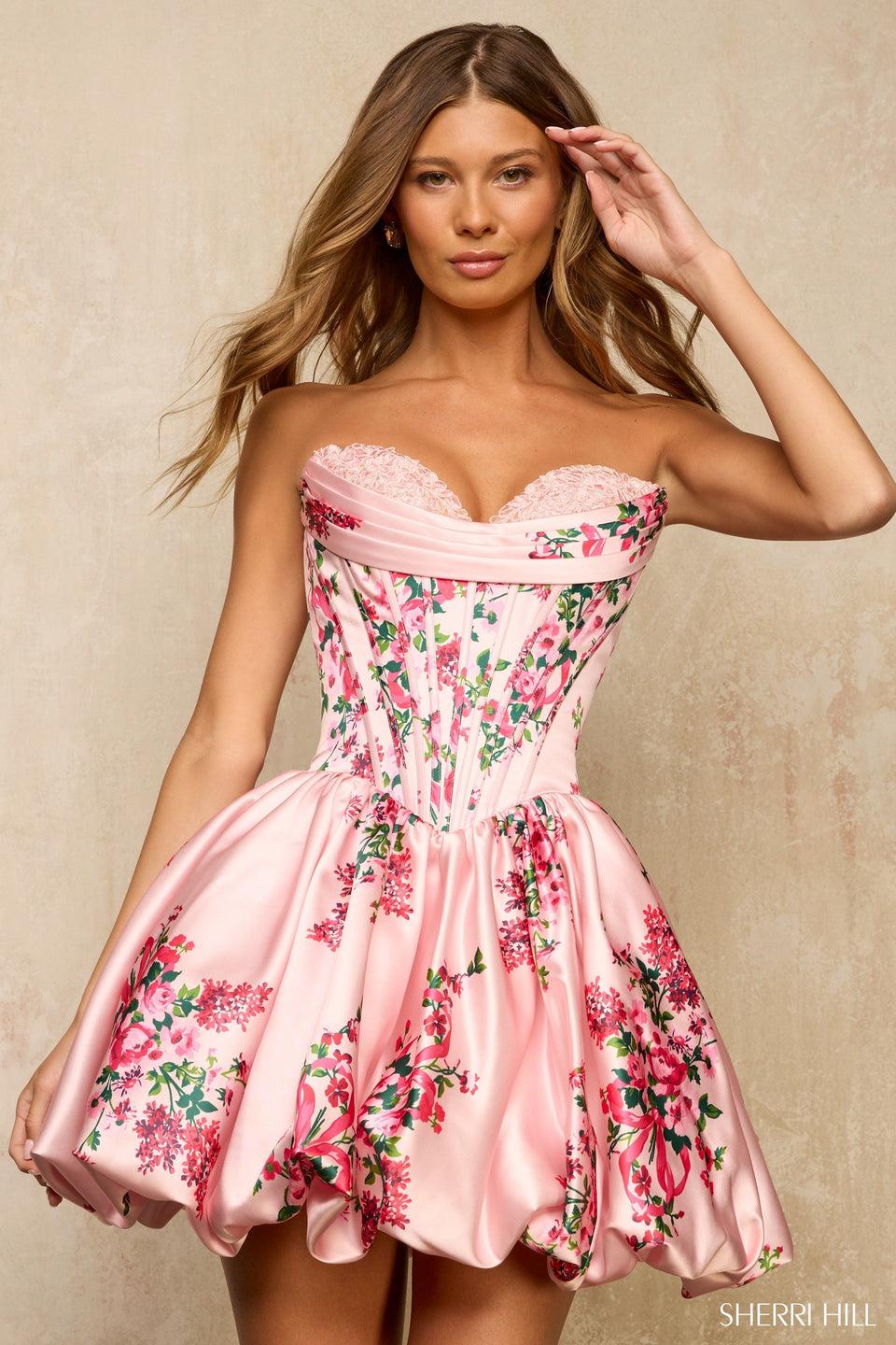 sherri hill Strapless floral cocktail dress with corset bodice and bubble skirt