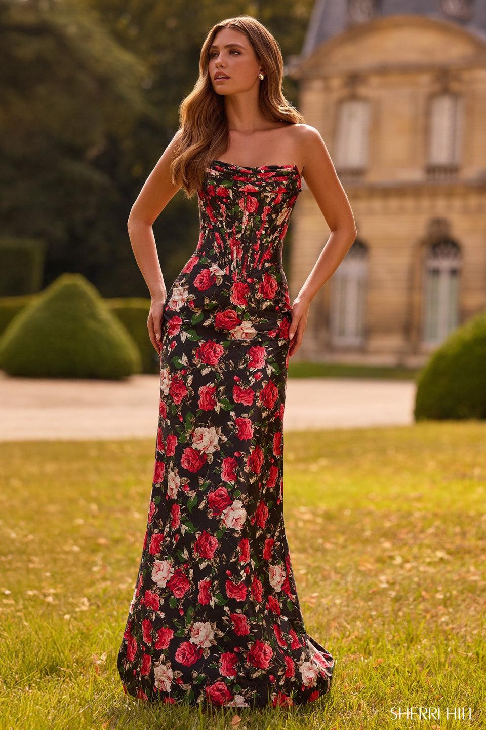 Sherri Hill Strapless Floral Fitted Gown With Corset Bodice