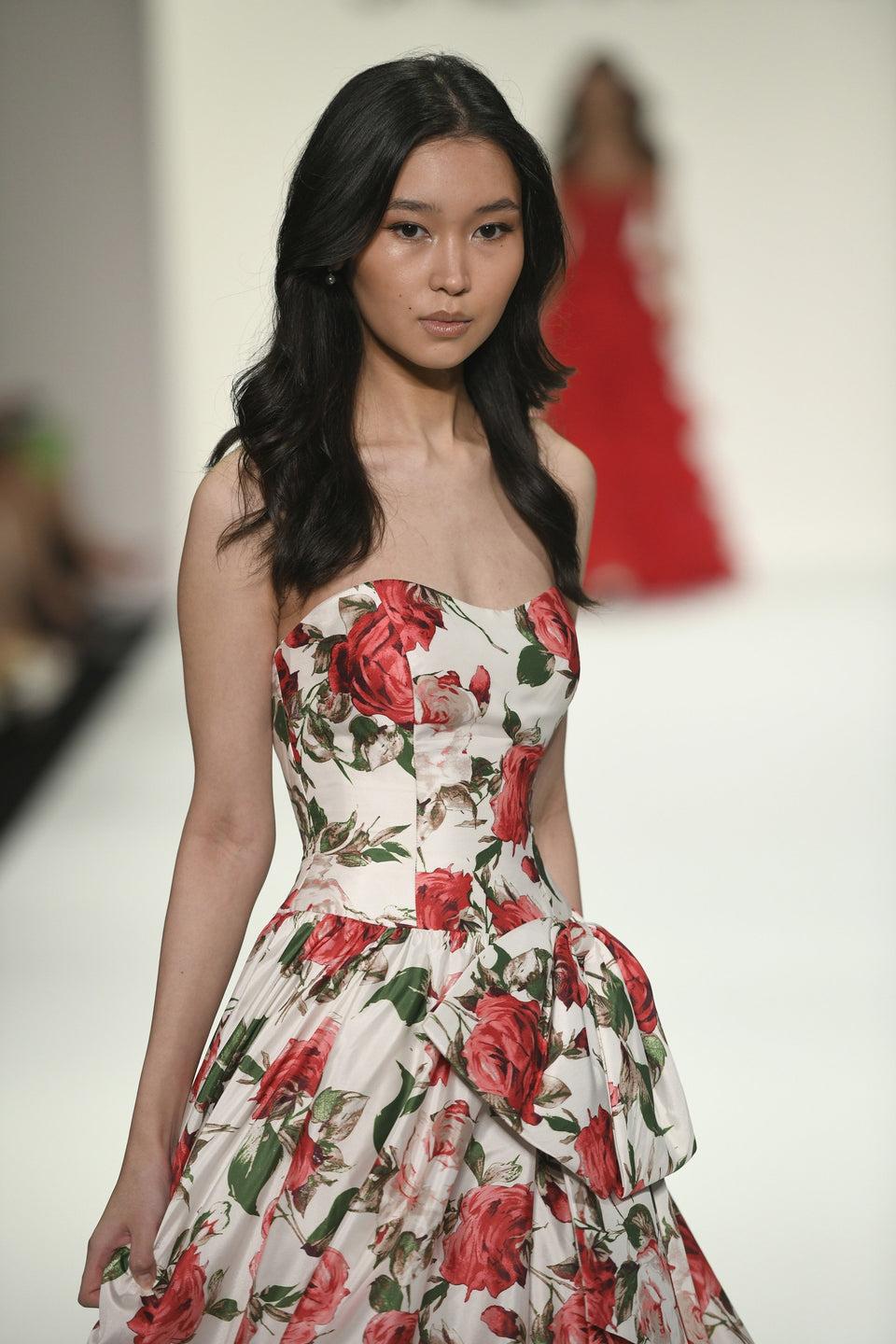 Sherri Hill Strapless Floral Gown With Bow On Side And A Skirt Slit