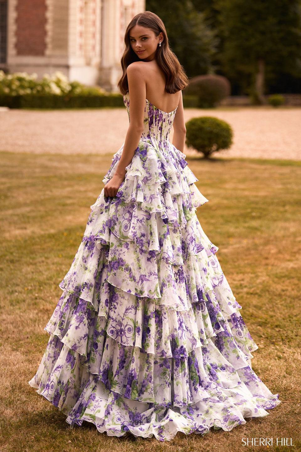 Sherri Hill Strapless Floral Gown With Chiffon Ruffle Skirt