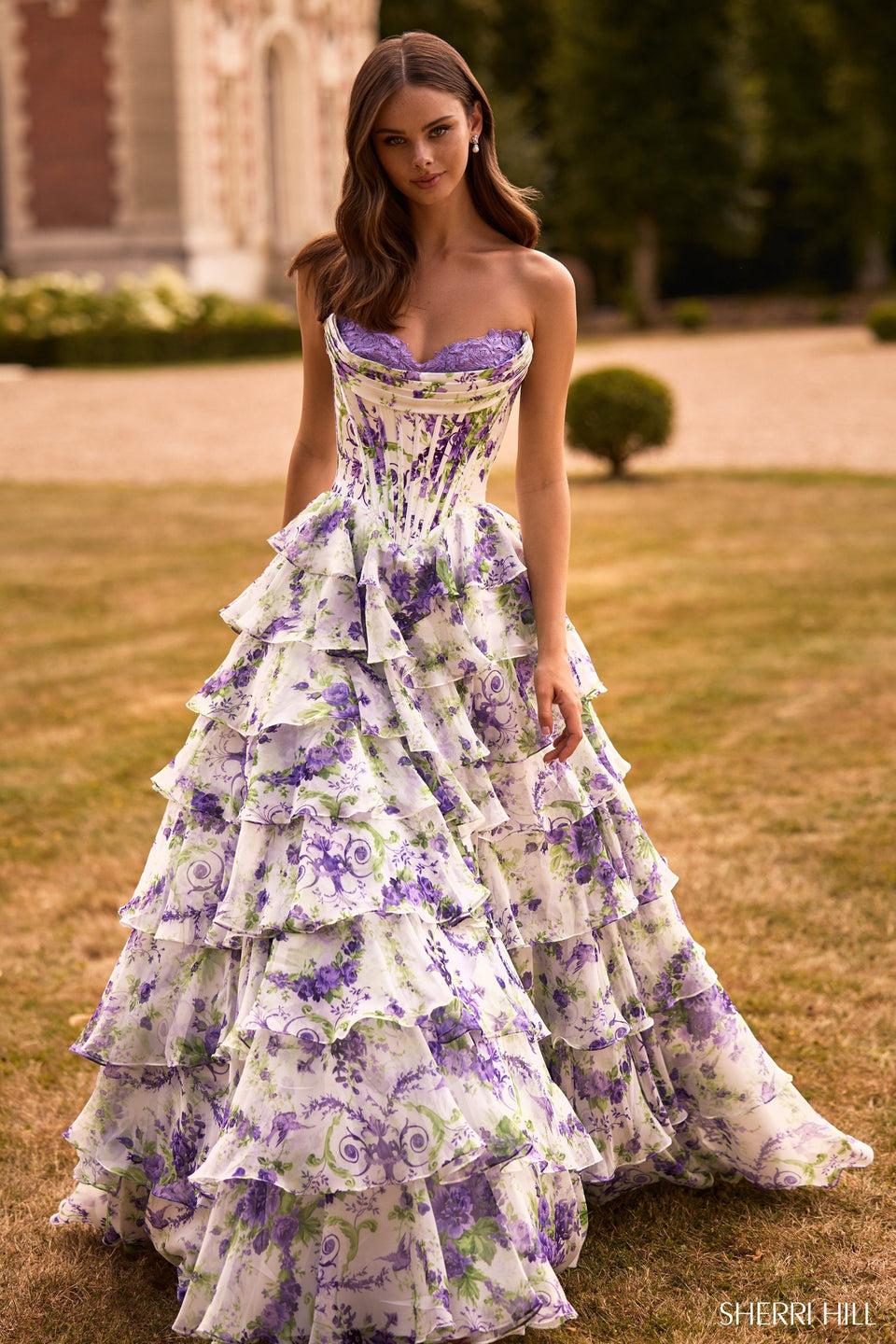 Sherri Hill Strapless Floral Gown With Chiffon Ruffle Skirt
