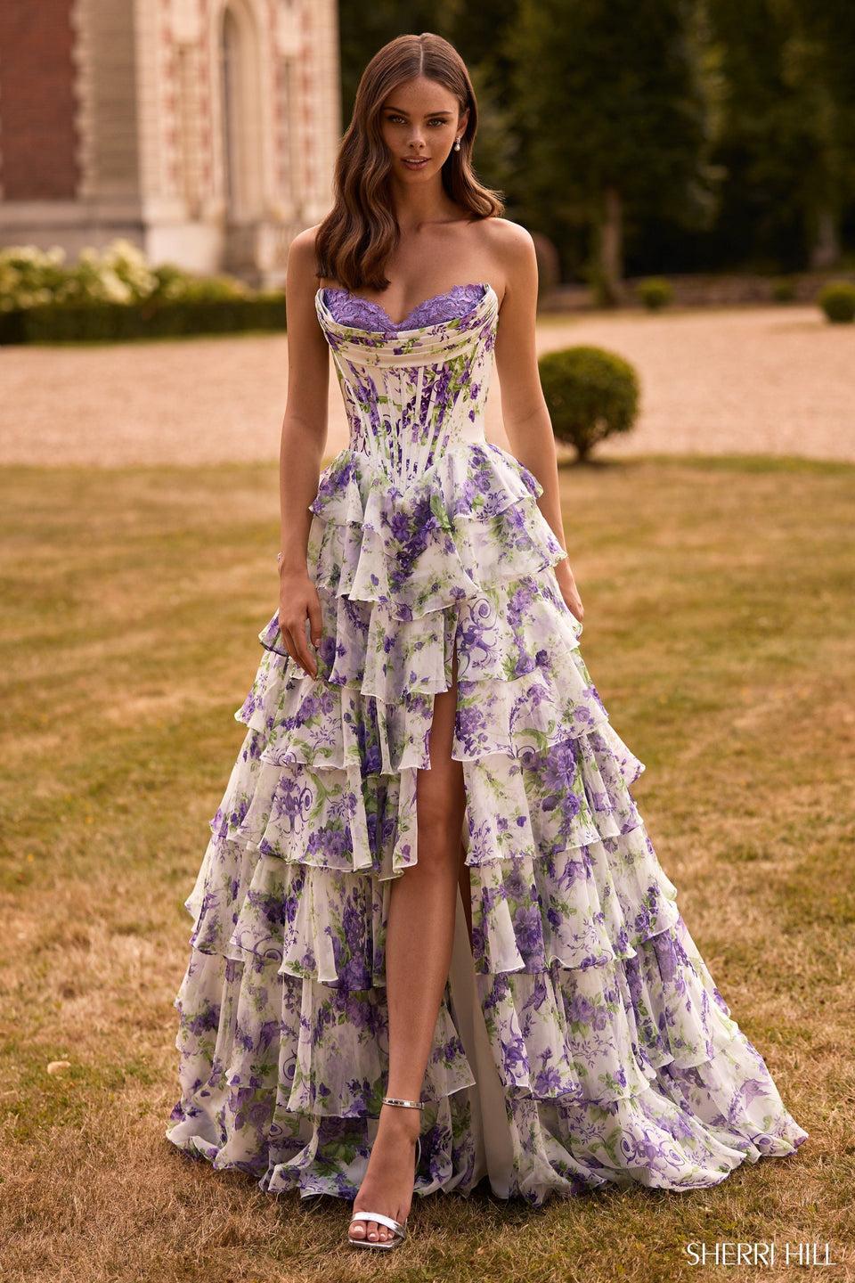 sherri hill Strapless floral gown with chiffon ruffle skirt