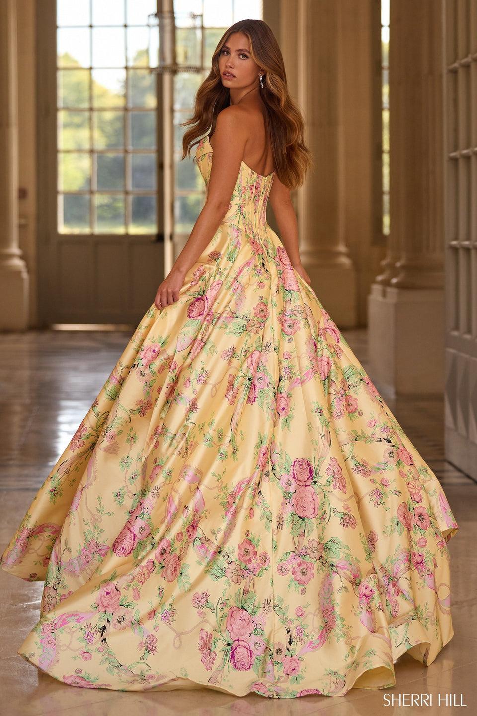 Sherri Hill Strapless Floral Gown With Corset Bodice