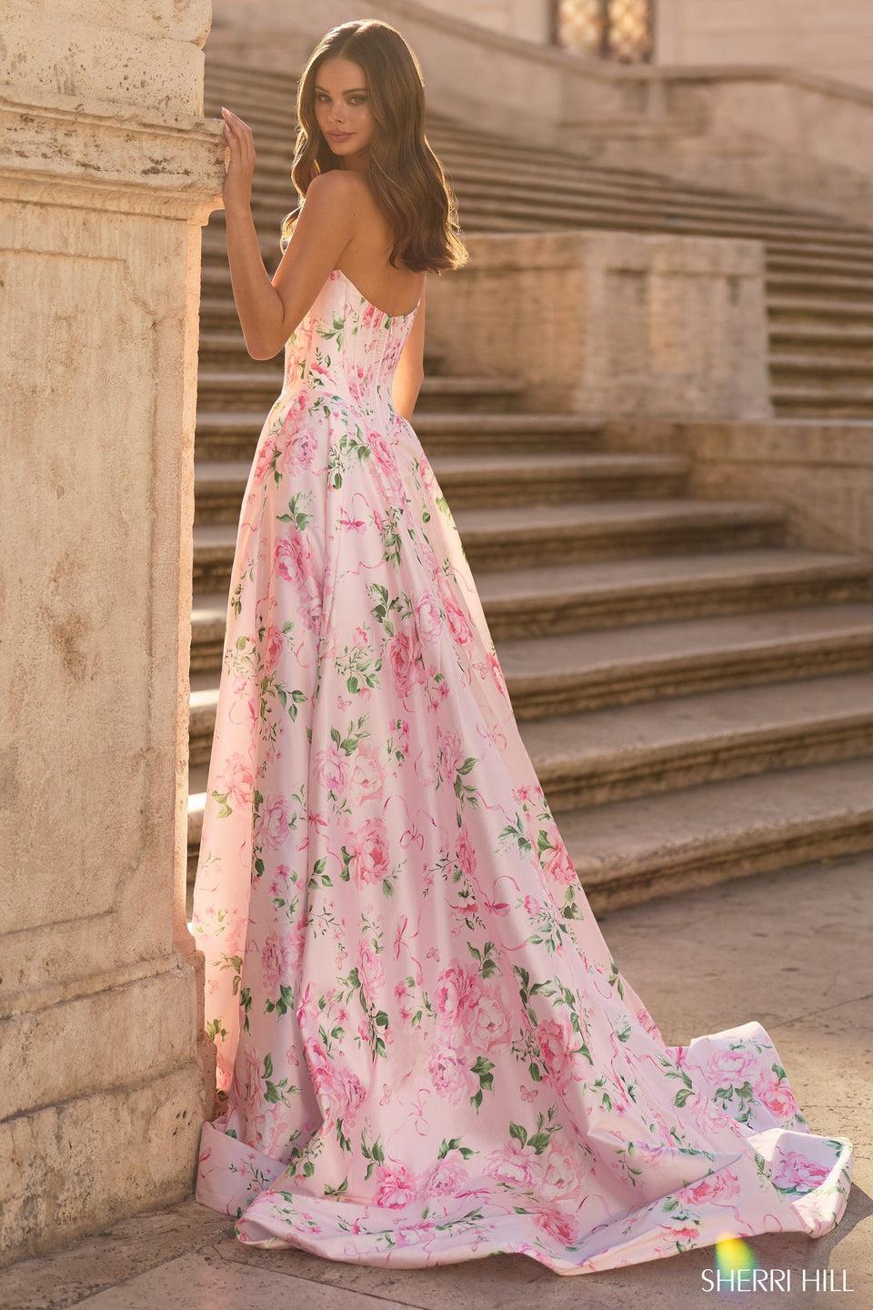 Sherri Hill Strapless Floral Gown With Corset Bodice And Skirt Slit