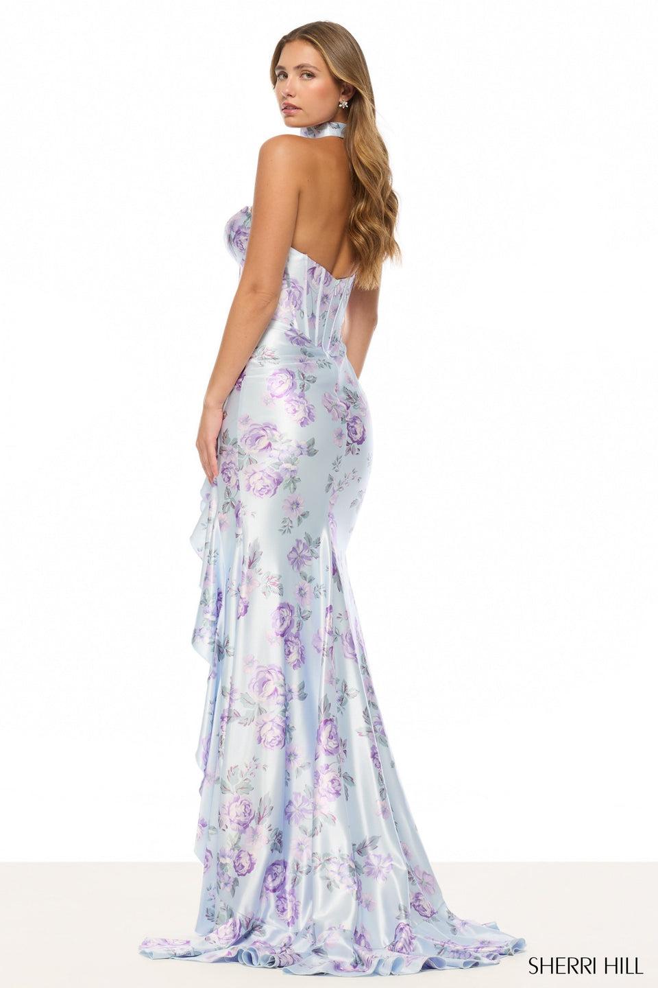 Sherri Hill Strapless Floral Gown With Corset Bodice Ruffle On Skirt Slit And A Choker