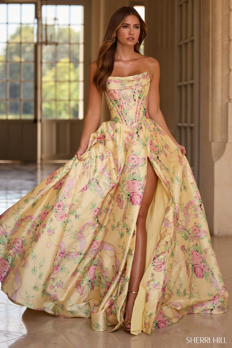 sherri hill Strapless floral gown with corset bodice