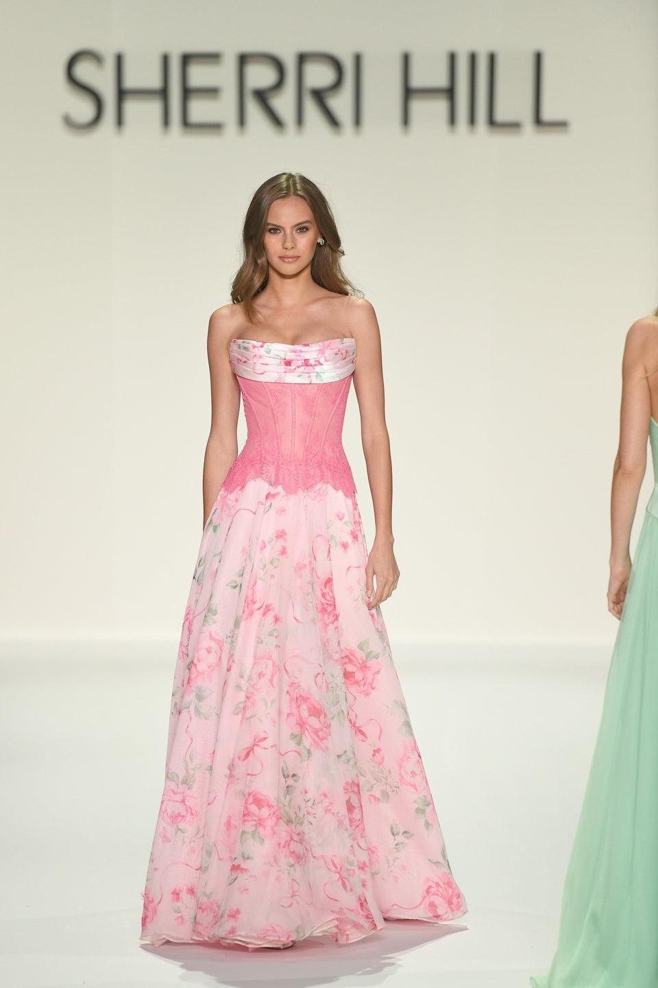 sherri hill Strapless floral gown with sheer lace bodice