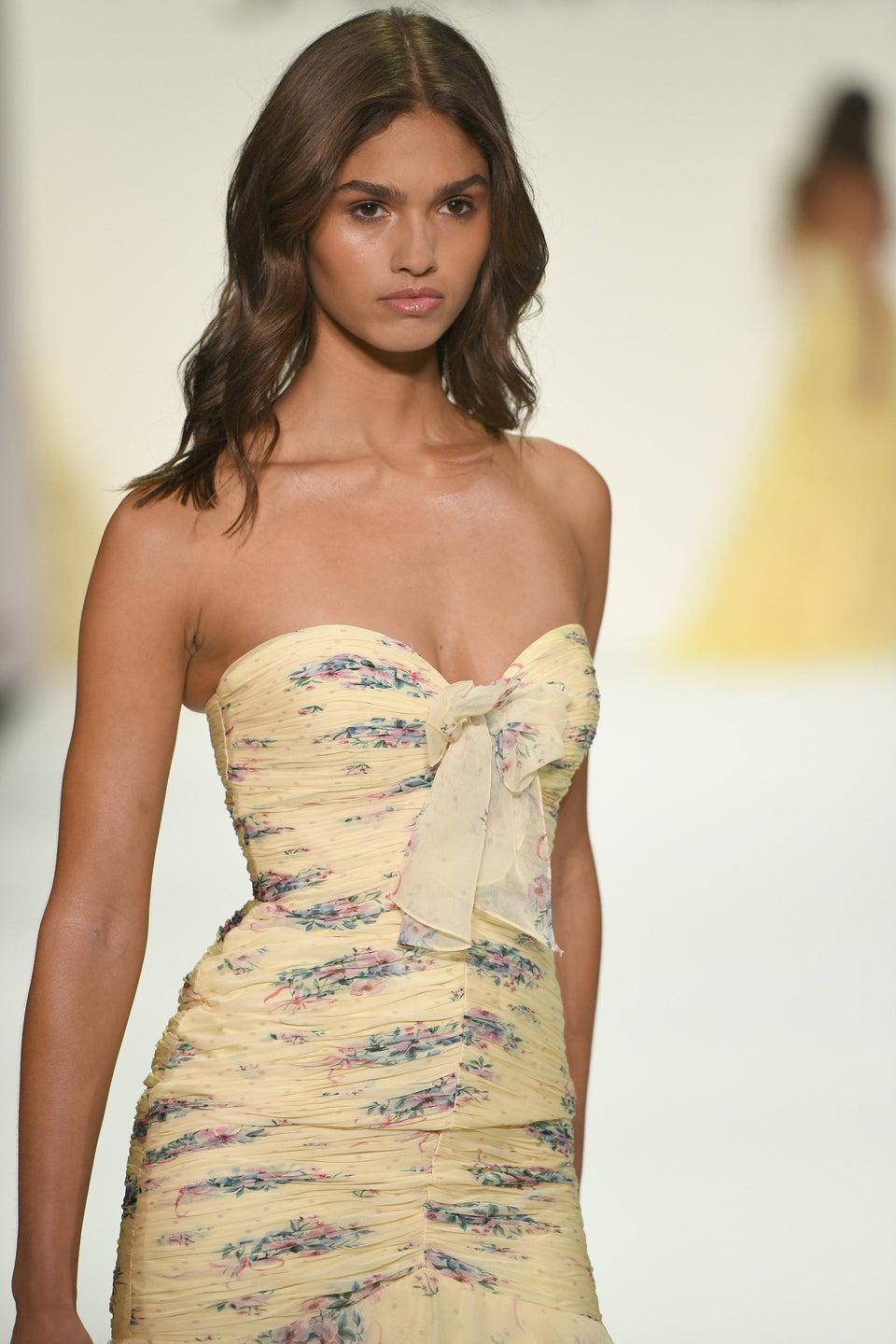 Sherri Hill Strapless Floral Mermaid Gown With Chiffon Ruffle Skirt