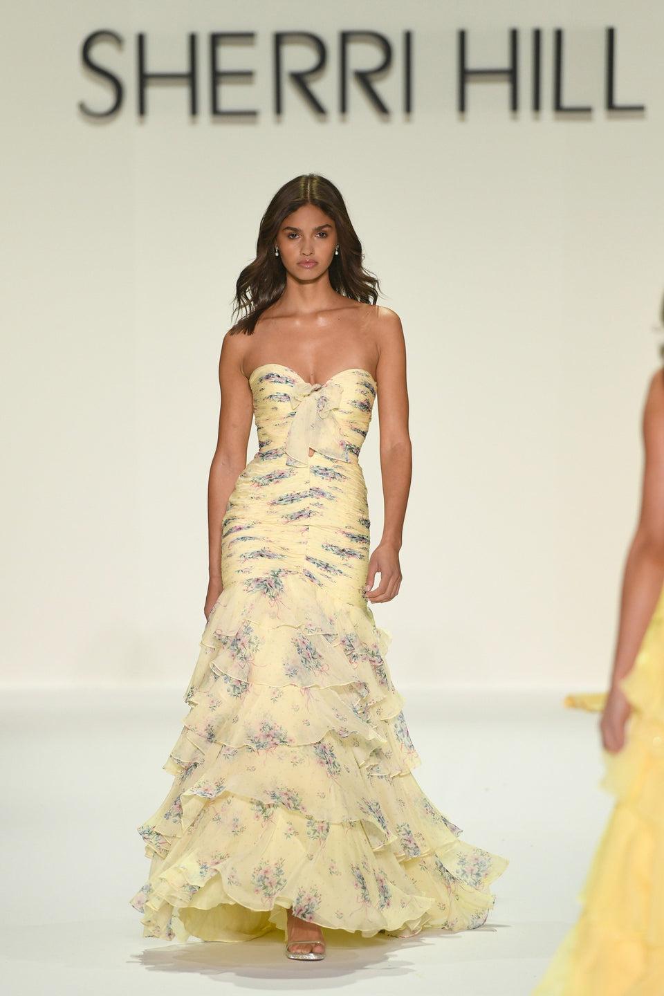 sherri hill Strapless floral mermaid gown with chiffon ruffle skirt