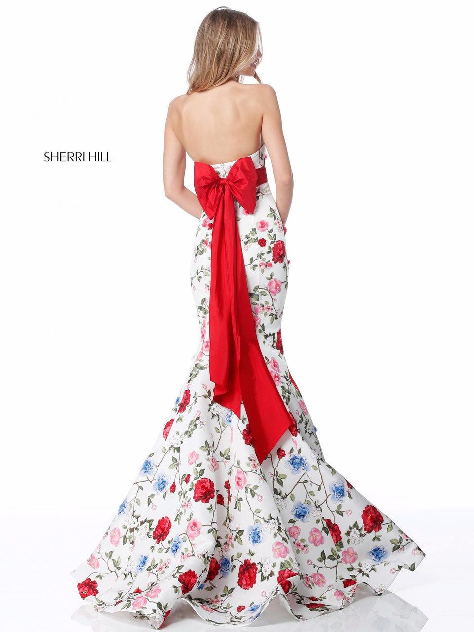 Sherri Hill Strapless Floral Print Mermaid With Belt And Bow In The Back