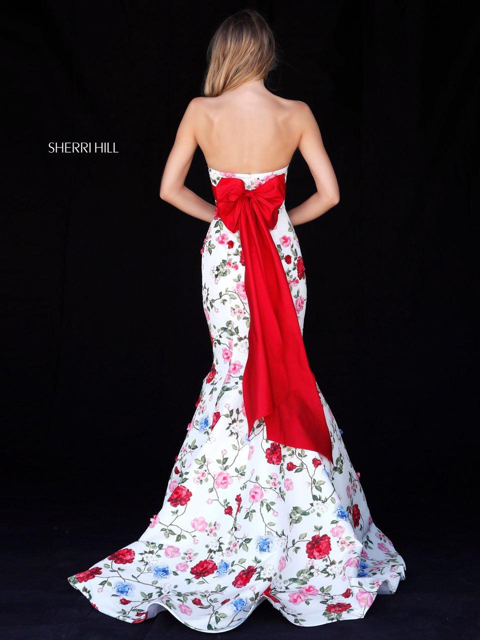 Sherri Hill Strapless Floral Print Mermaid With Belt And Bow In The Back