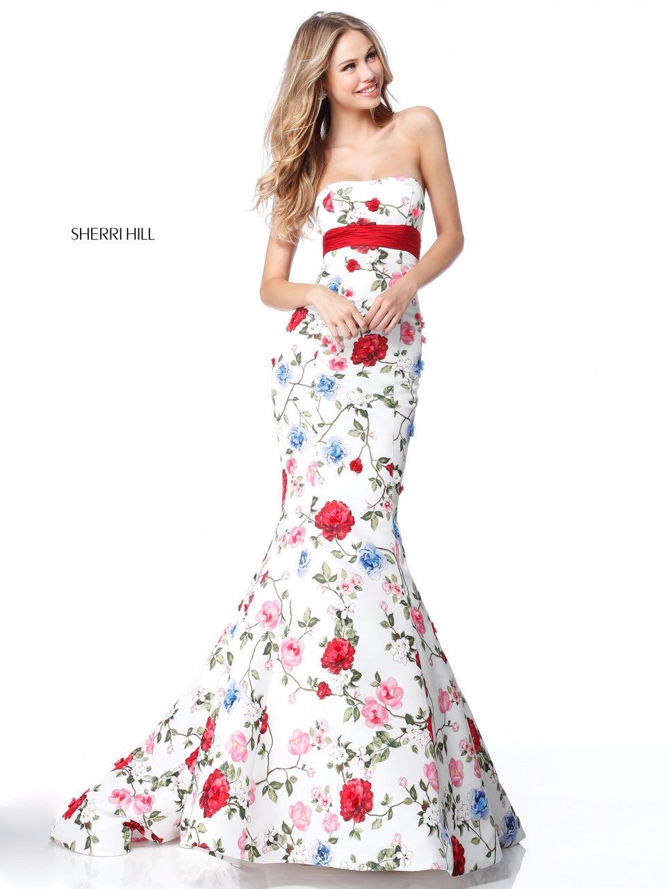 sherri hill Strapless floral print mermaid with belt and bow in the back