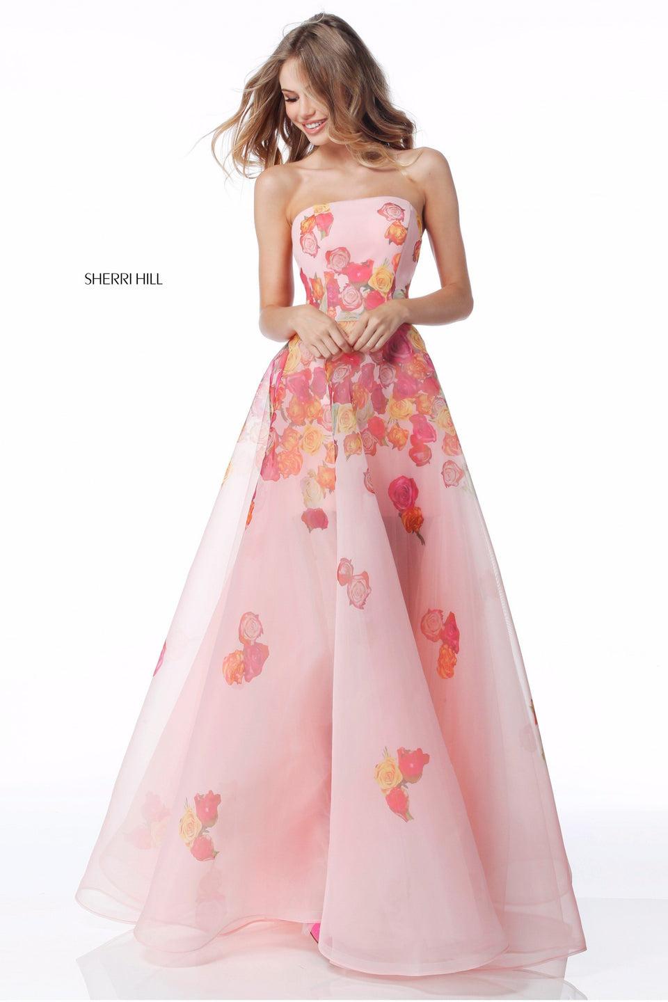 Sherri Hill Strapless Floral Print Organza Ball Gown