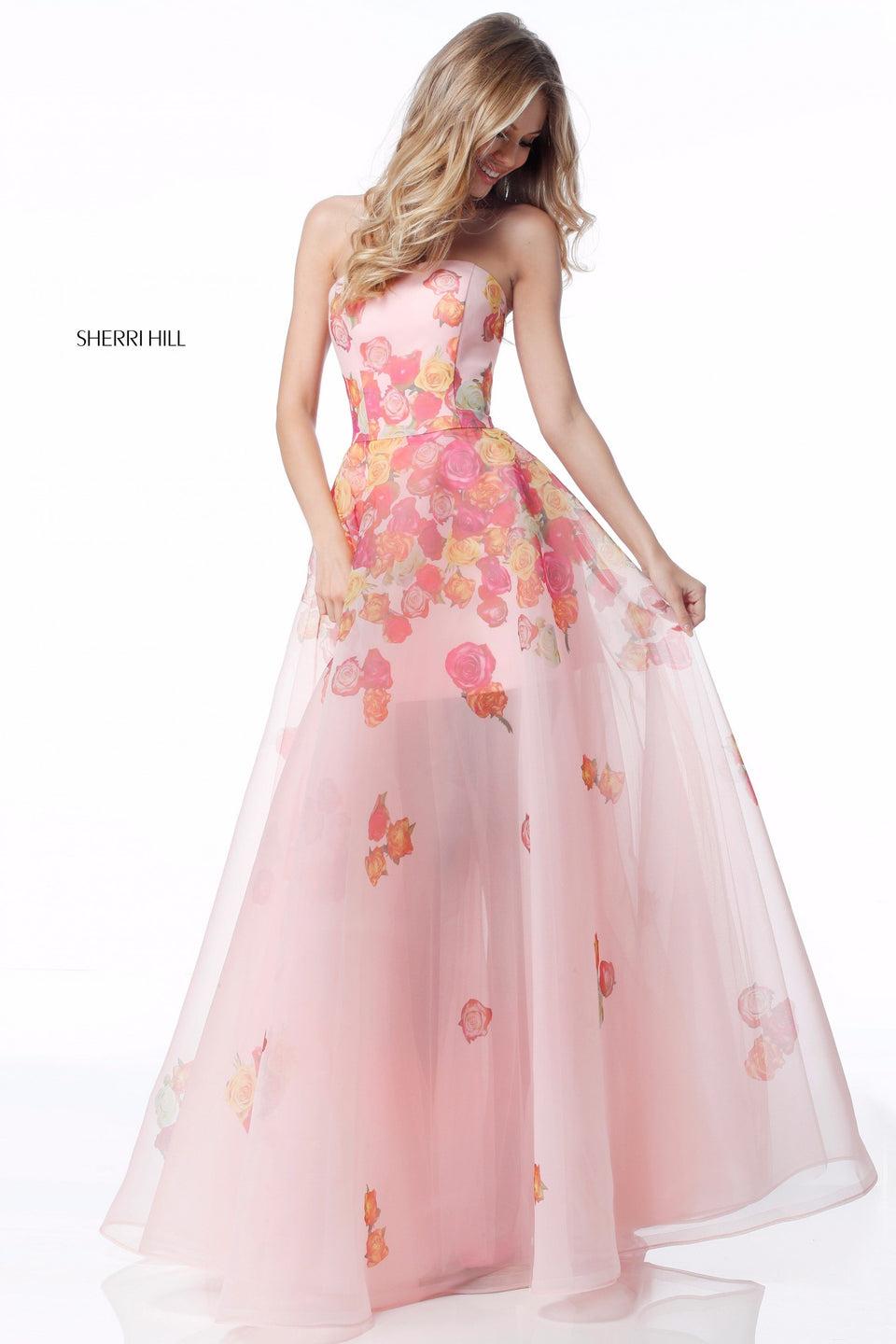 Sherri Hill Strapless Floral Print Organza Ball Gown