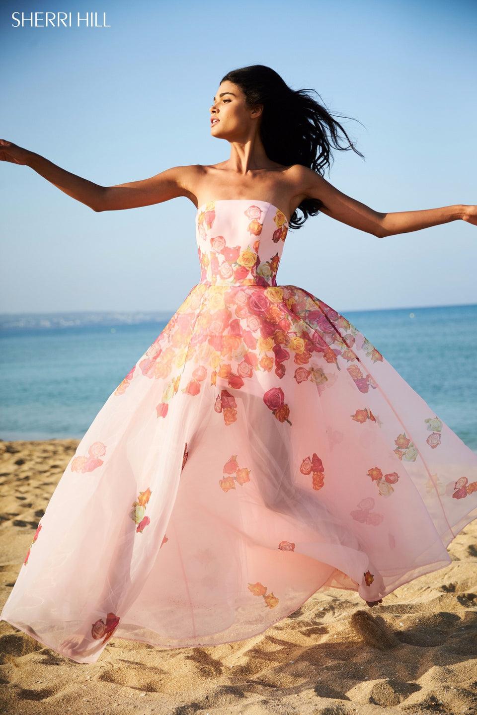 sherri hill Strapless floral print organza ball gown