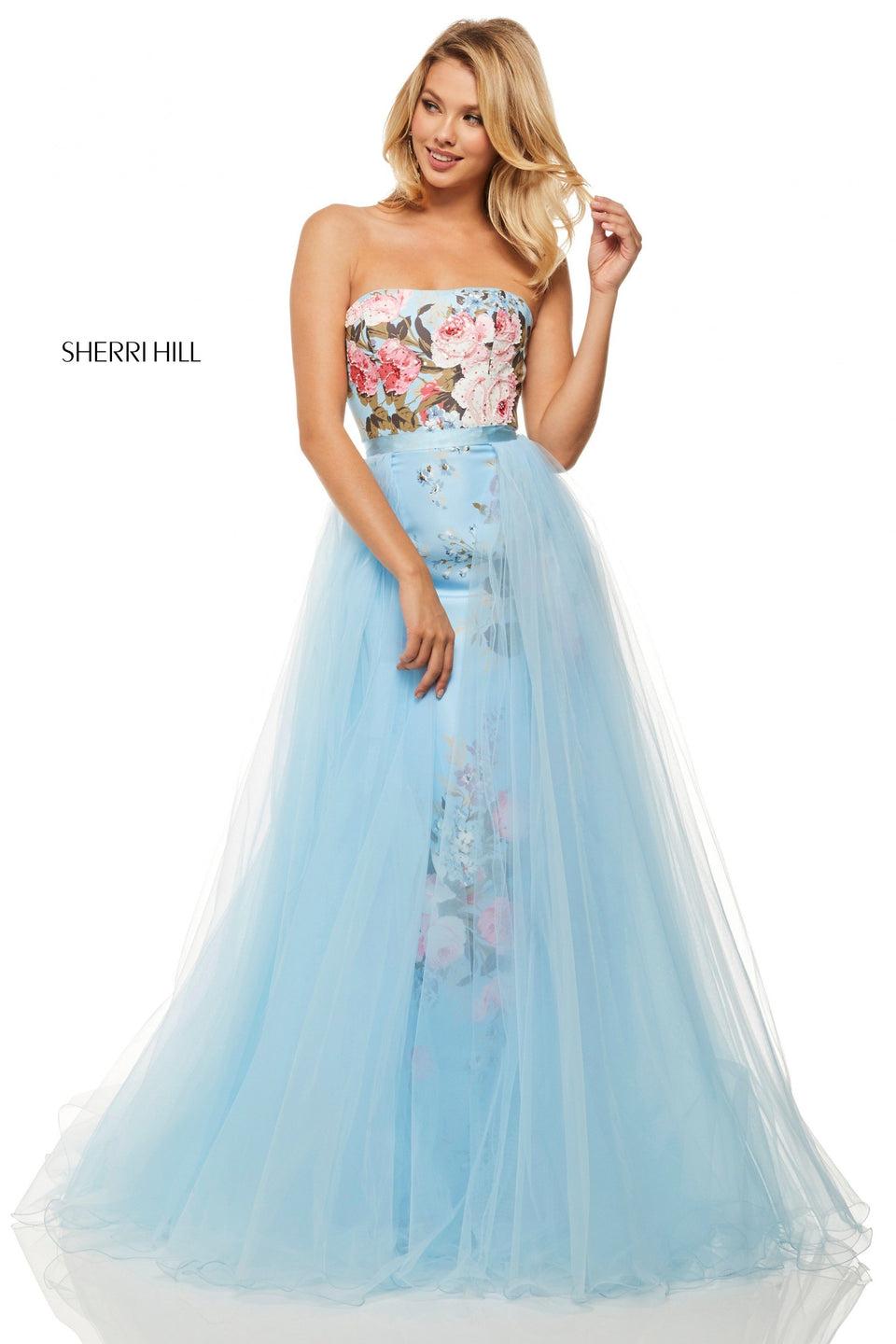 sherri hill Strapless floral print taffeta fitted gown with tulle overskirt