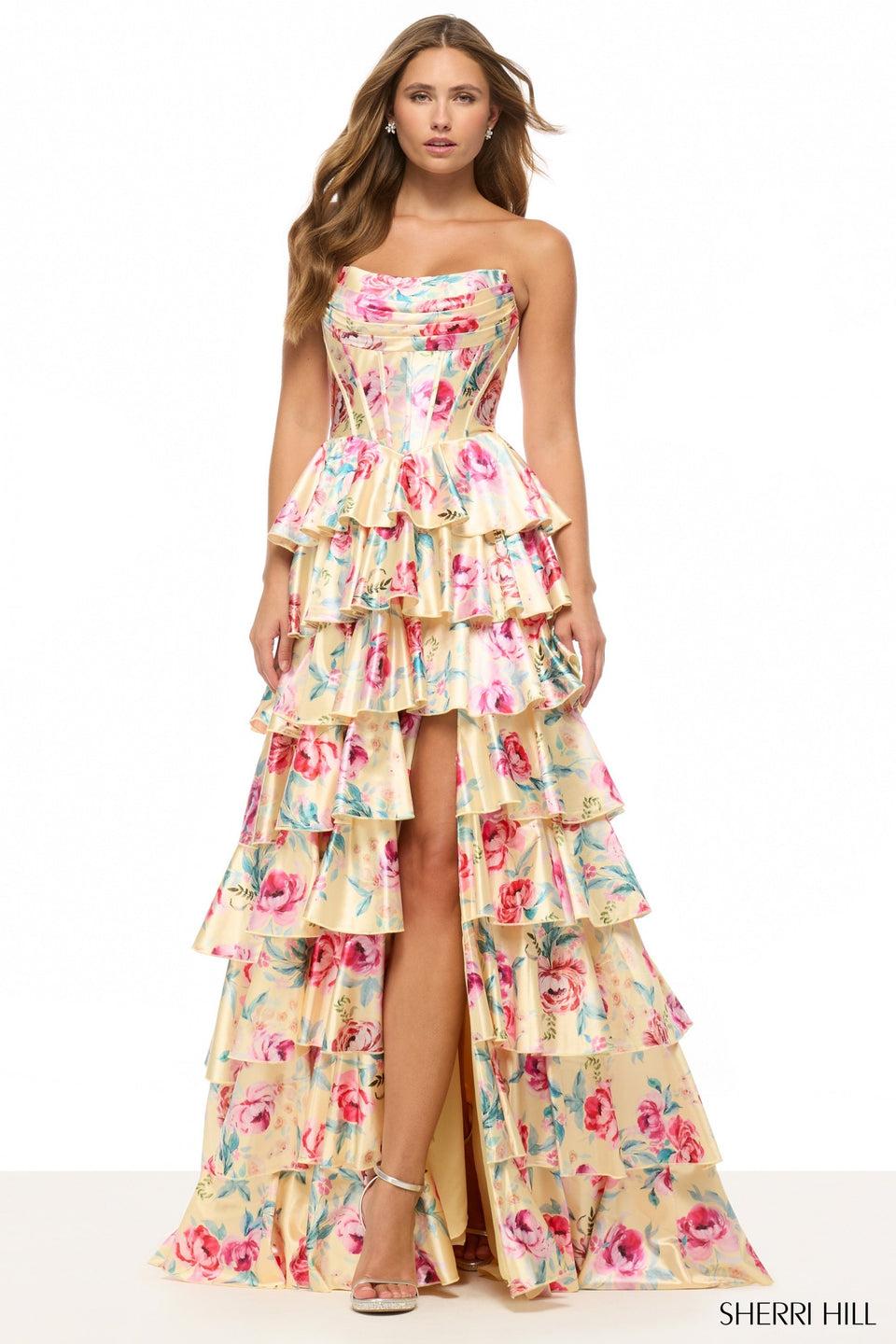 Sherri Hill Strapless Floral Stretch Satin Gown With Corset Bodice And A Ruffle Skirt With Slit