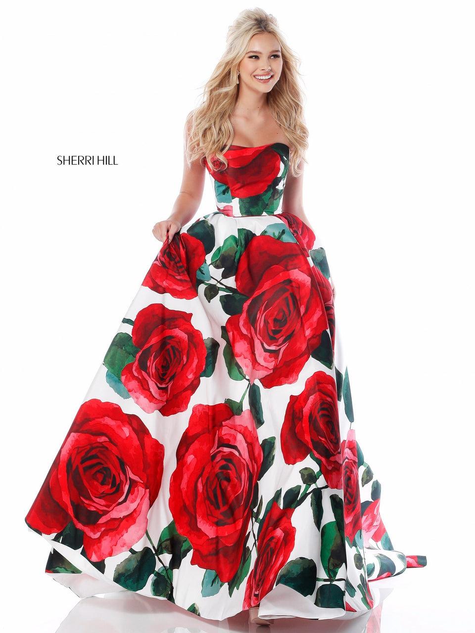 Sherri Hill Strapless Floral Taffeta Ball Gown With Train