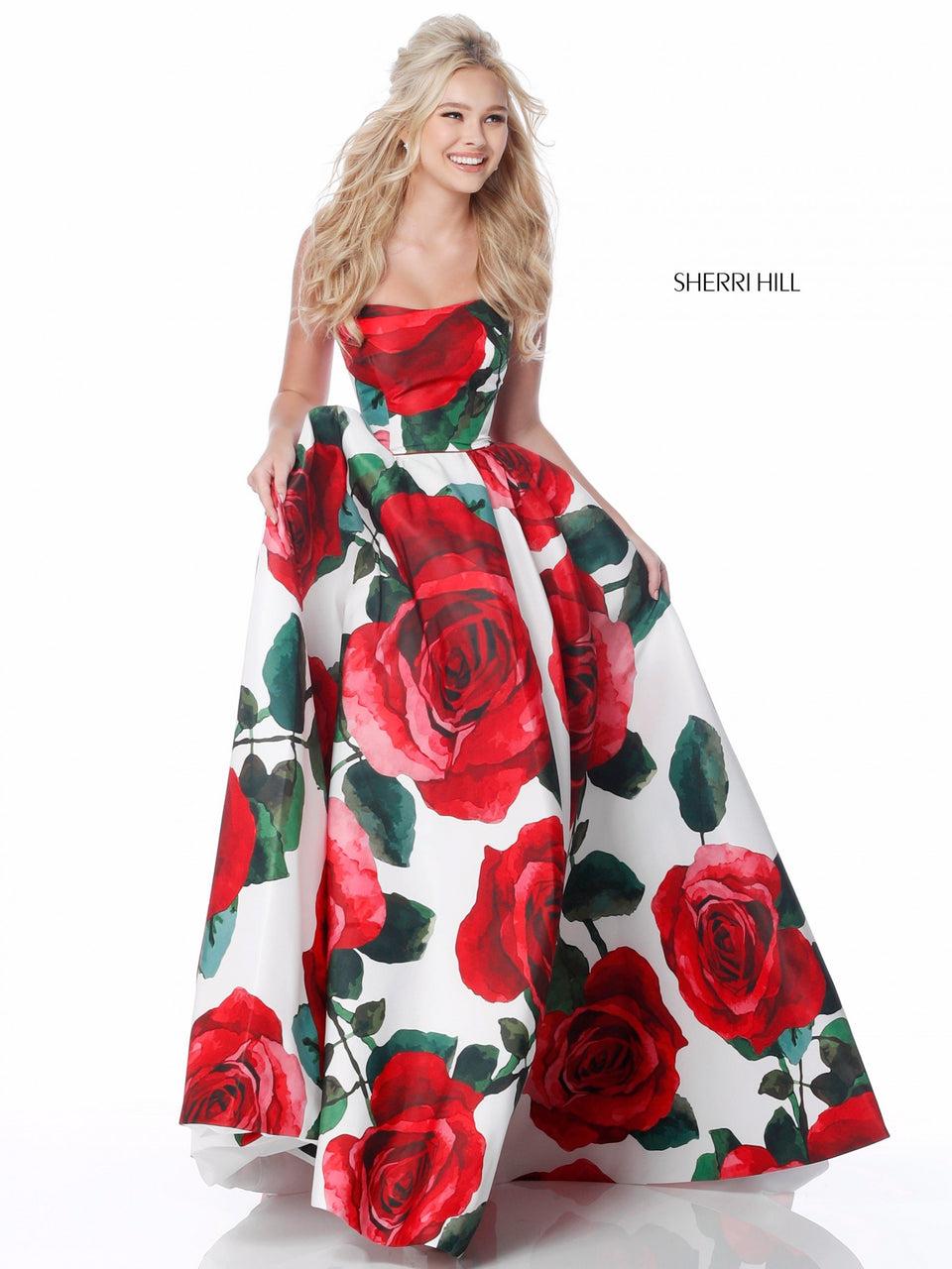 Sherri Hill Strapless Floral Taffeta Ball Gown With Train